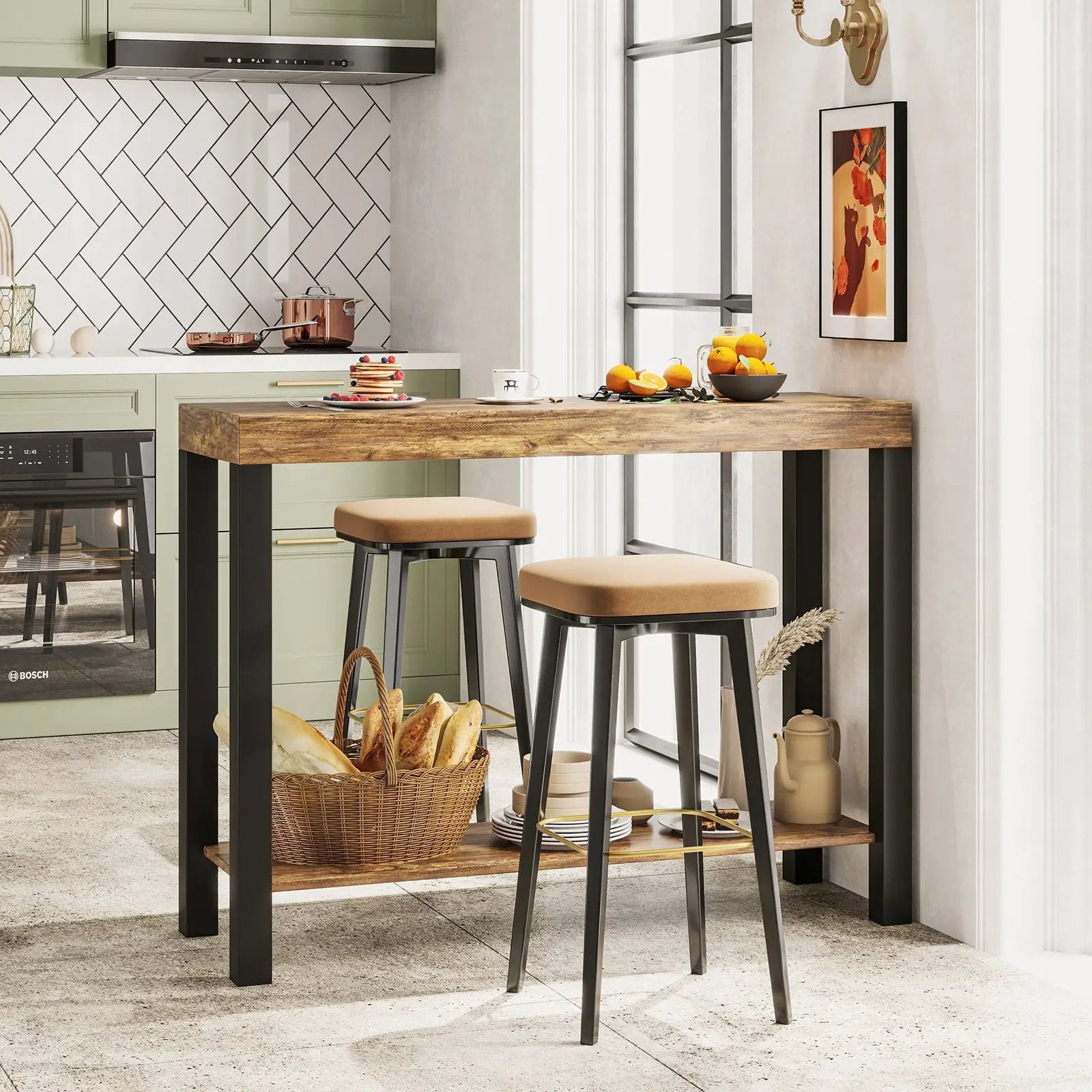 2-Tier Home Bar Table with Open Shelves and Storage for Home Kitchen Living Room Pub-Rustic Brown by DirectDeals
