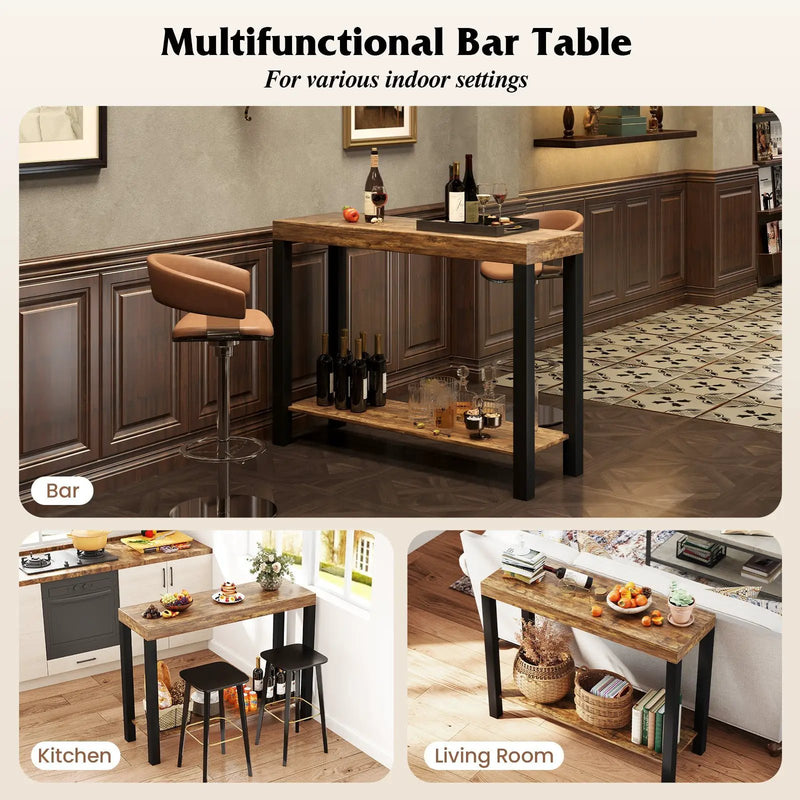 2-Tier Home Bar Table with Open Shelves and Storage for Home Kitchen Living Room Pub-Rustic Brown by DirectDeals