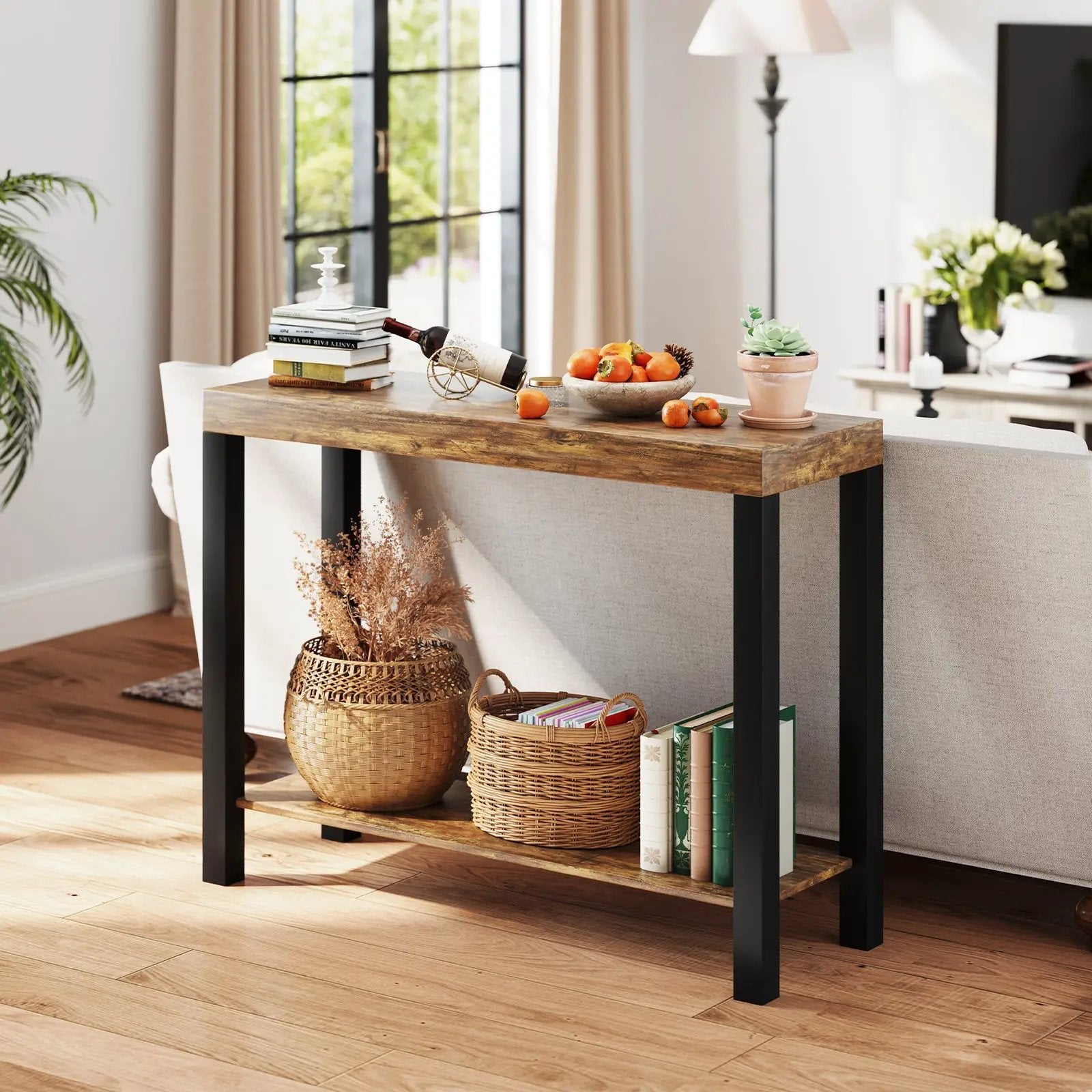 2-Tier Home Bar Table with Open Shelves and Storage for Home Kitchen Living Room Pub-Rustic Brown by DirectDeals