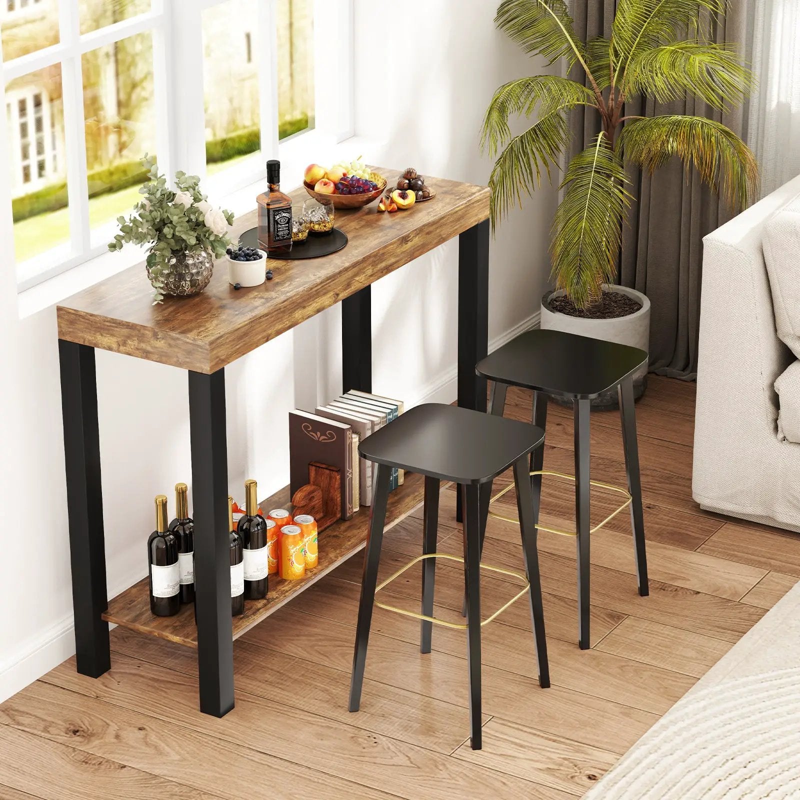 2-Tier Home Bar Table with Open Shelves and Storage for Home Kitchen Living Room Pub-Rustic Brown by DirectDeals