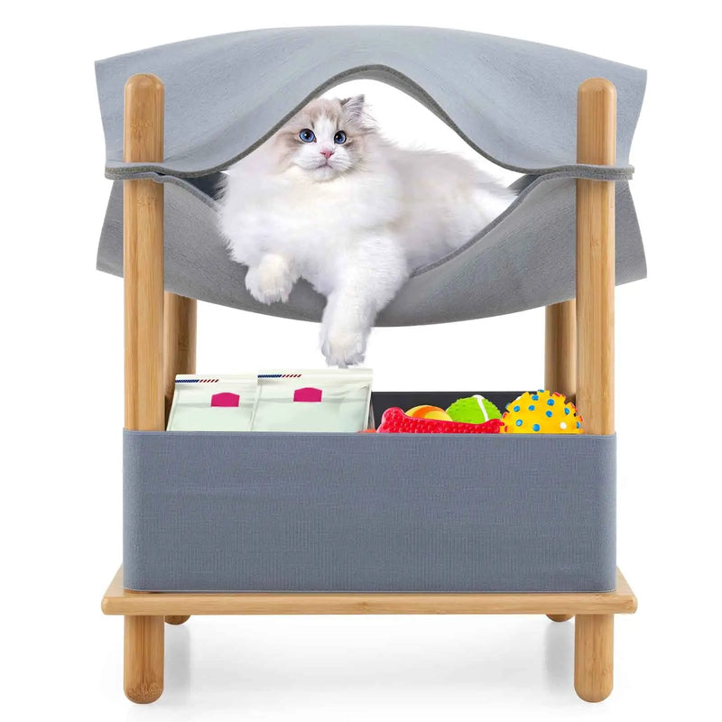 2-Tier Wooden Cat House with Semi-enclosed Condo and Removable Clothes-Gray by DirectDeals