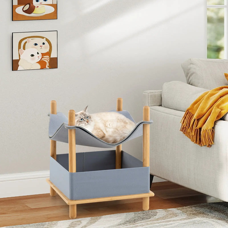 2-Tier Wooden Cat House with Semi-enclosed Condo and Removable Clothes-Gray by DirectDeals