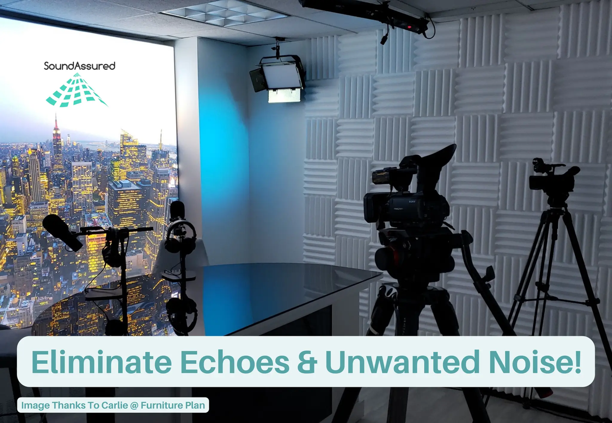 White Acoustic Foam Panels - 12x12x2.5", installed in a room 2