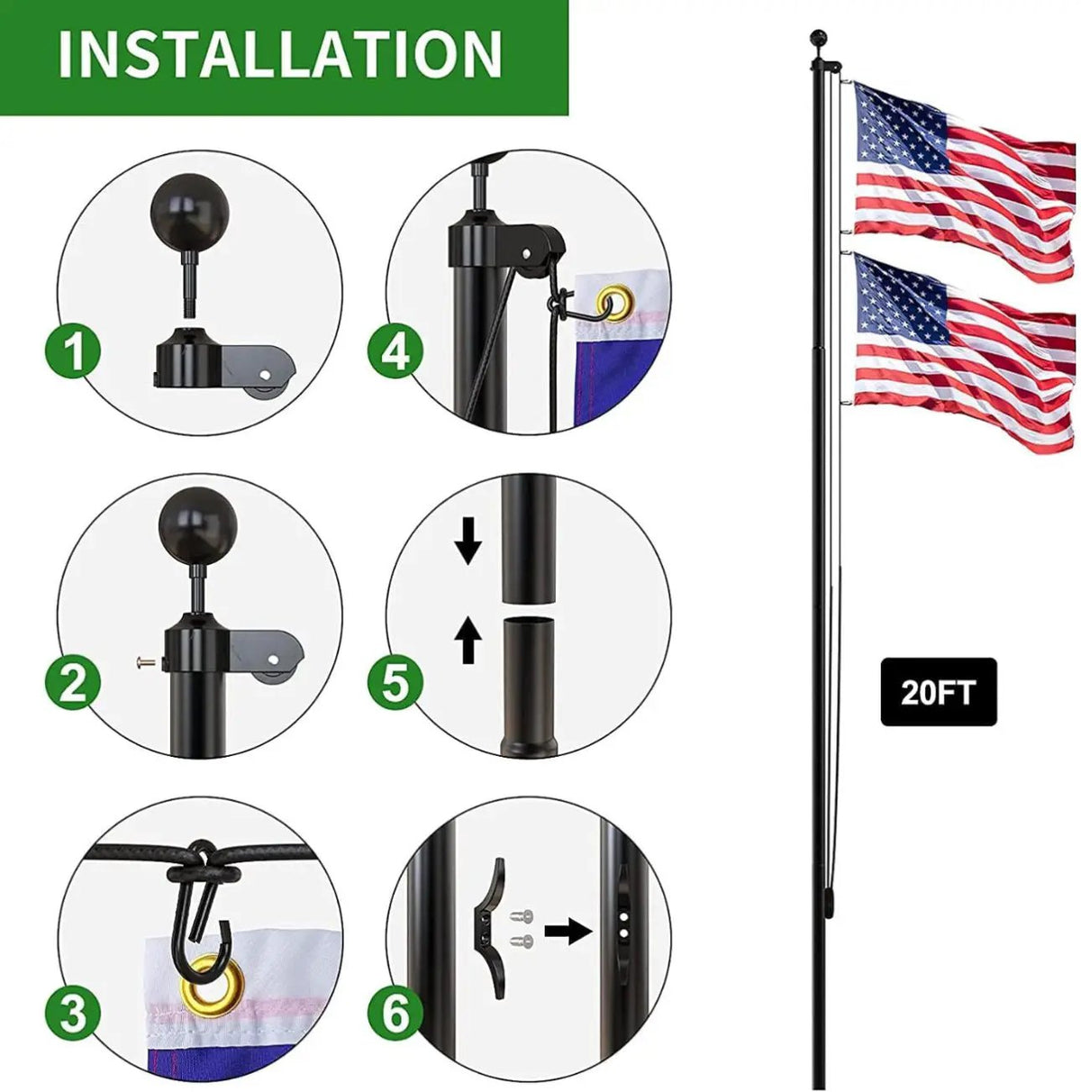 20 FT Flag Pole Heavy Duty Kit for Yard - Extra Thick Outdoor Flag Poles with 3x5 American Flag for Residential or Commercial by Outdoor Solar Outlet