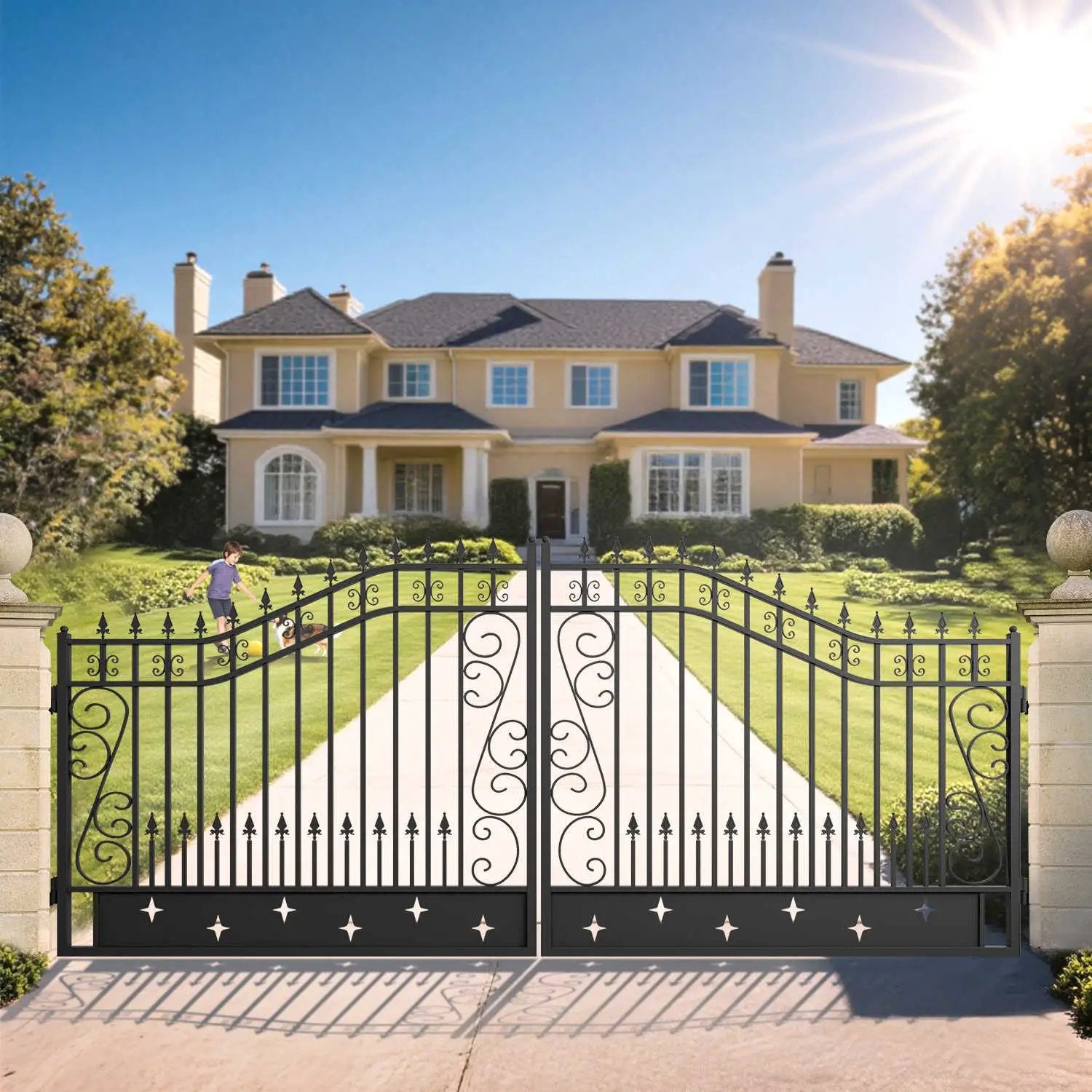 16x8 ft Dual Swing Driveway Gate with Star Pattern by Chery Industrial