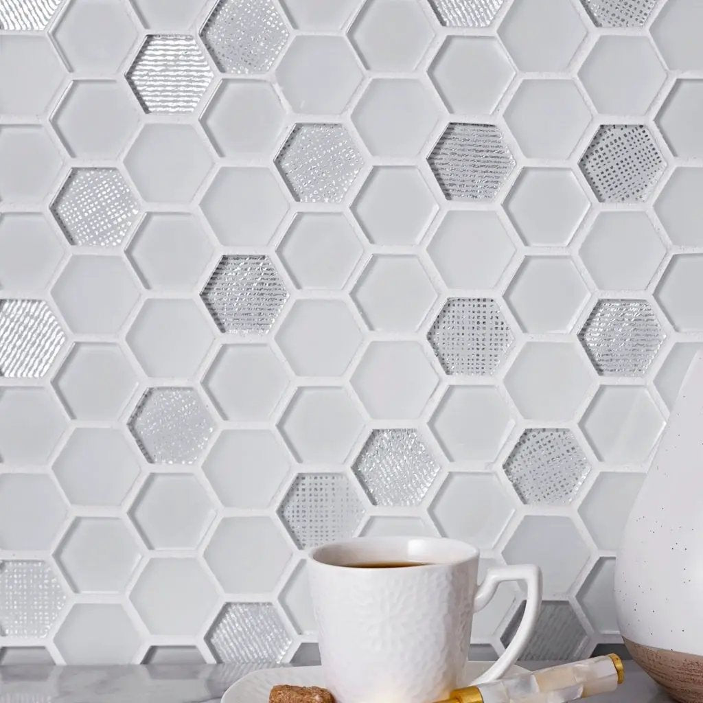 White 12x12 Glossy Matte Hexagon Glass Mosaic Tile (5 pack, 4.83 sq ft/case) by Apollo Tile