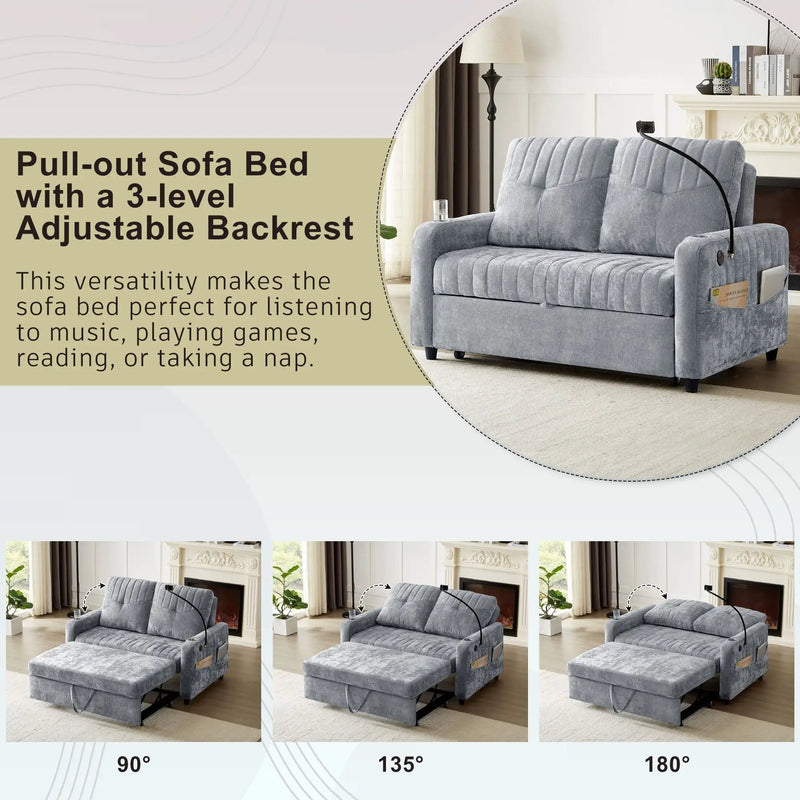 Modern Loveseat Pull Out Sofa Bed With Adjustable Backrest, Two Cup Holders, A Phone Holder, Three Charging Ports And Side Storage Pockets For Living Room by HouseOfZazla
