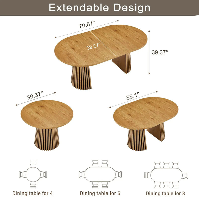 Dining Table, Flexible Extendable Oval Design With Slatted Legs - Natural Wood by HouseOfZazla