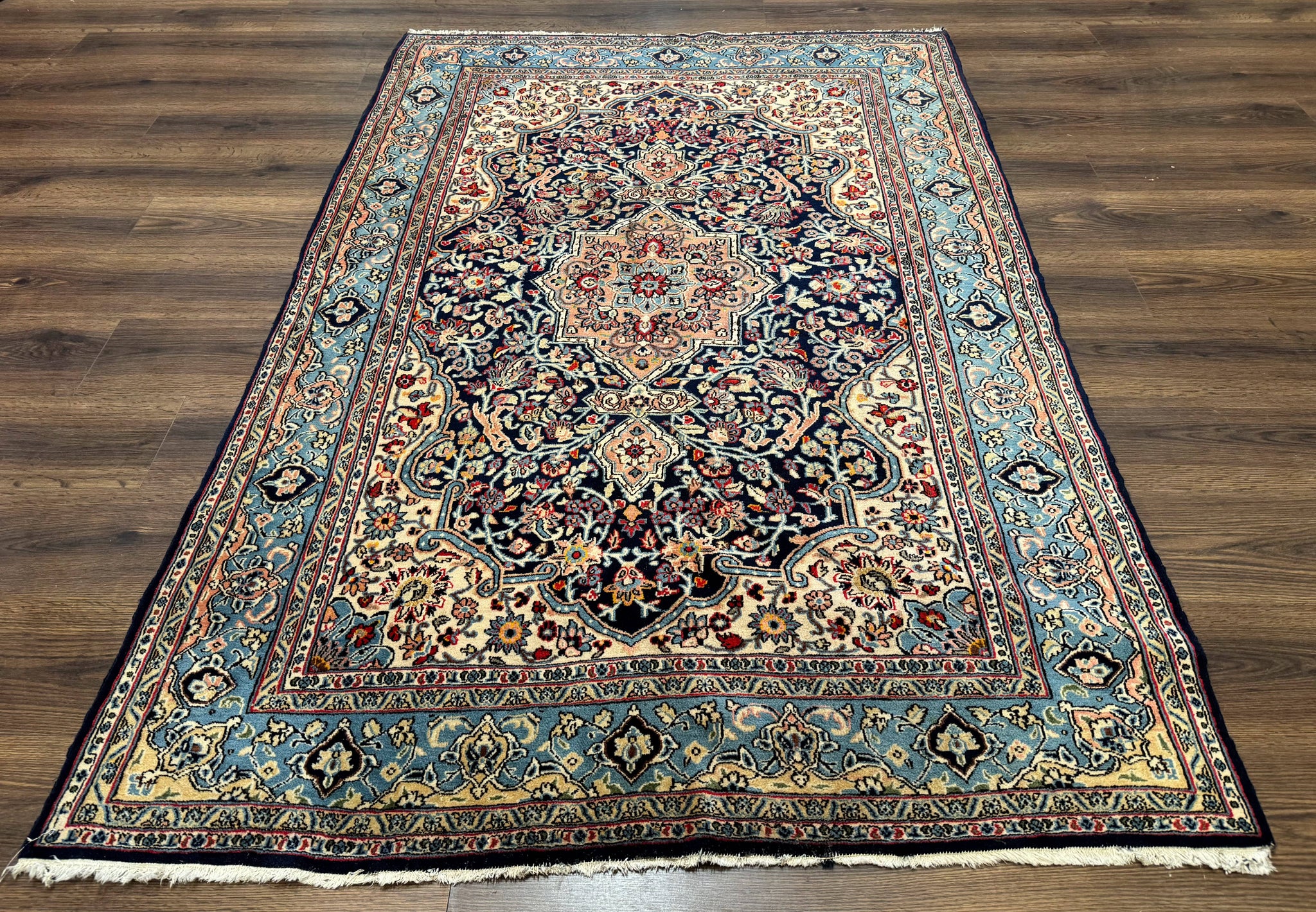 Persian Qum Rug 5x7 in Navy Light Blue and Ivory, Wool wilh Silk Highlights, 225 KPSI by Jewel Rugs