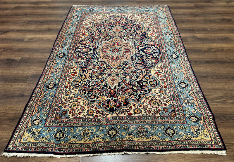Persian Qum Rug 5x7 in Navy Light Blue and Ivory, Wool wilh Silk Highlights, 225 KPSI by Jewel Rugs