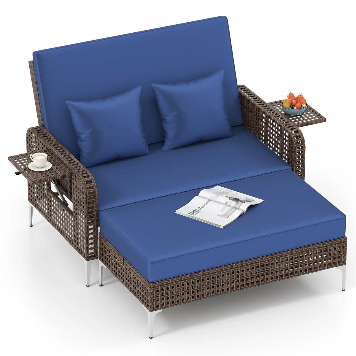 2 Piece Patio Rattan Daybed Wicker Loveseat and Ottoman with Adjustable Backrest, photo 5 of 16