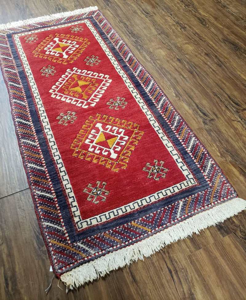Vintage Turkish Kazak Rug 2.5 x 5 Red Wool Carpet Medallions Runner Geometric by Jewel Rugs