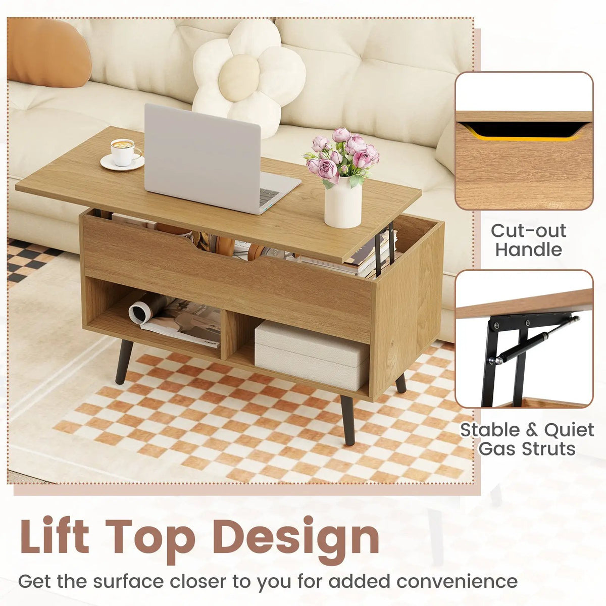 31.5 Inch Lift-Top Coffee Table with Hidden Storage and 2 Open Shelves, photo 27 of 40