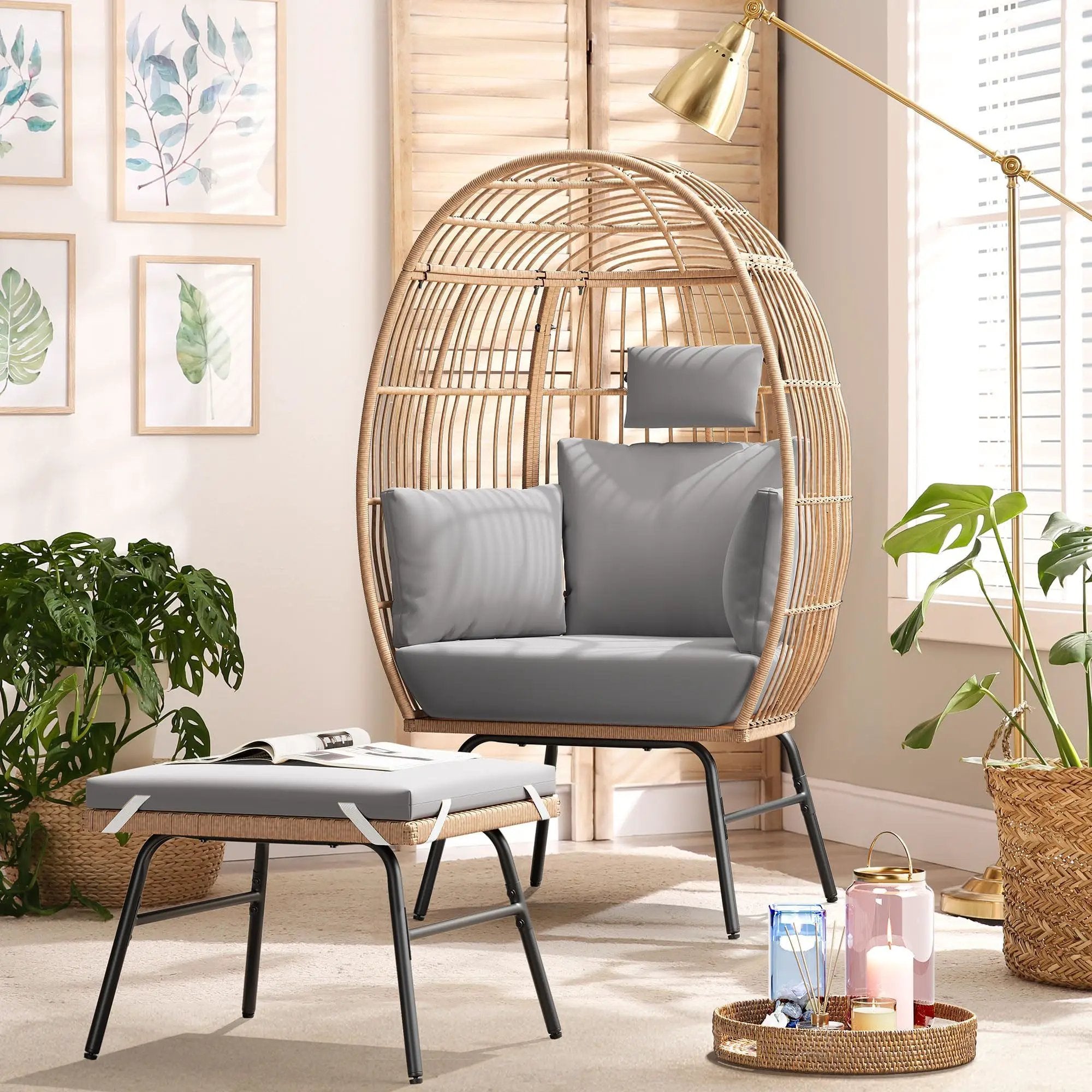 Outdoor Garden Wicker Egg Chair And Footstool Patio Chaise, With Cushions, Outdoor Indoor Basket Chair by HouseOfZazla