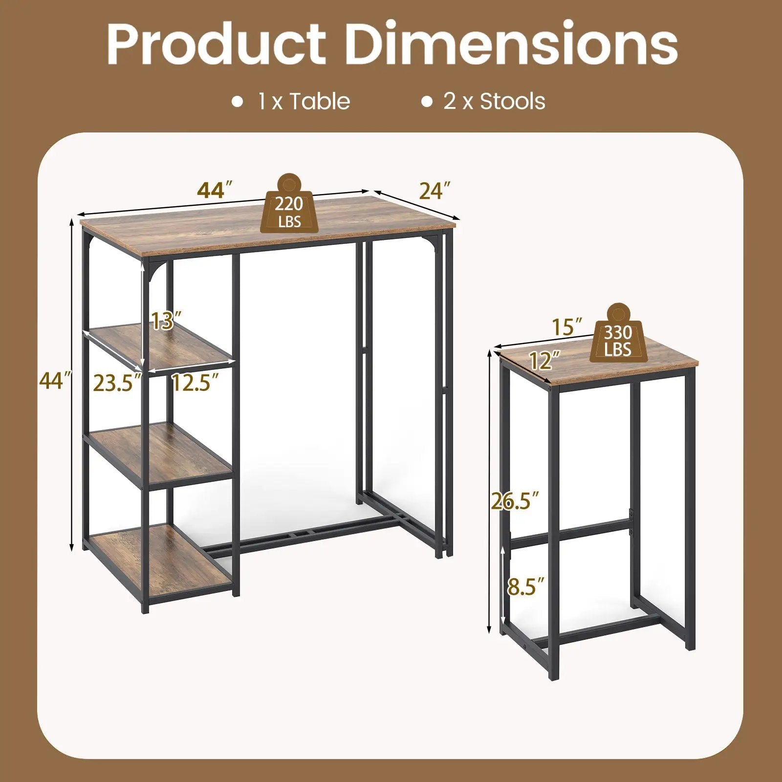 3-Piece Bar Table Set for 2 Bar-Height Dining Table with 2 Stools-Rustic Brown by DirectDeals