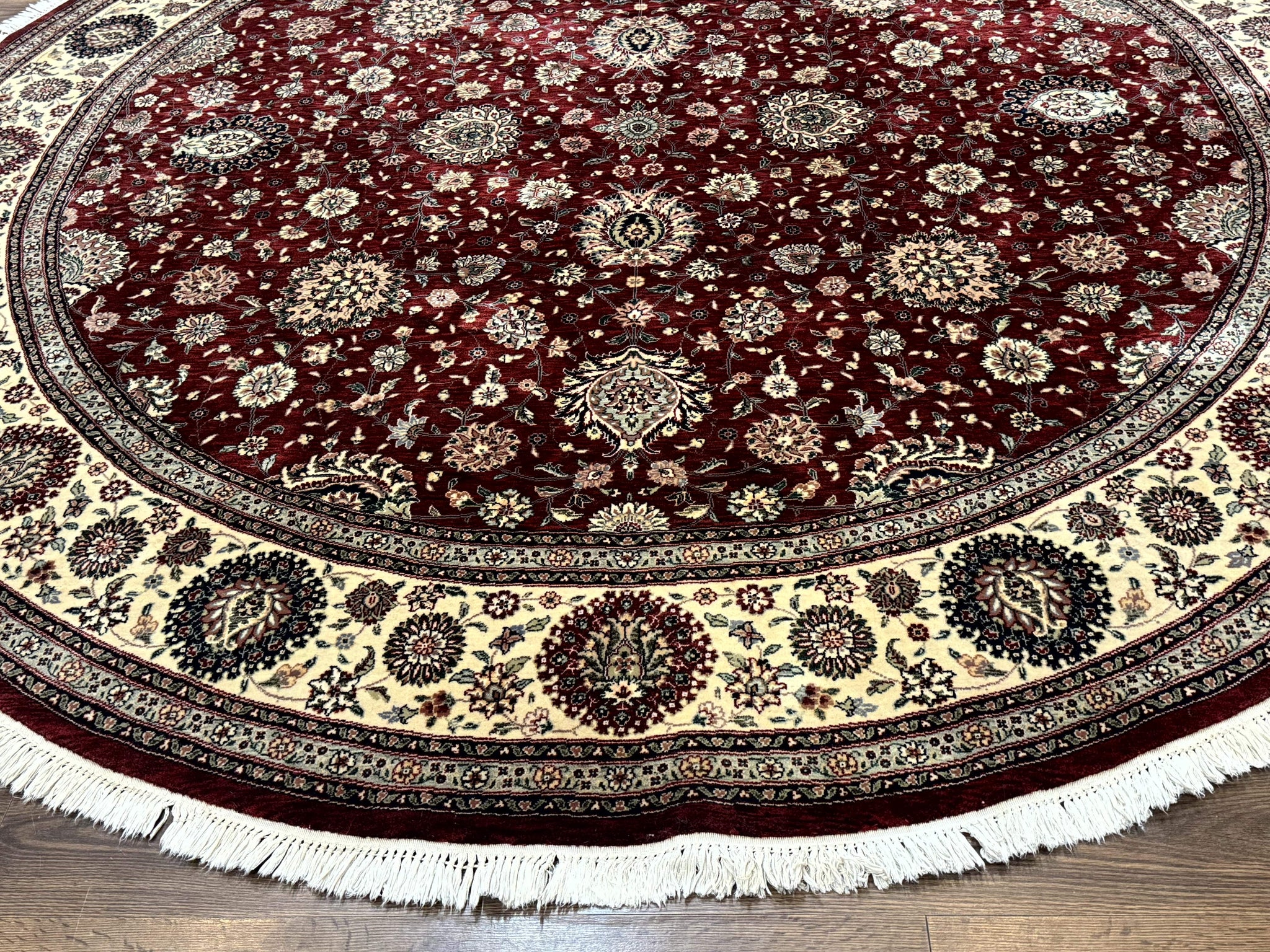 Round Sino Persian Rug 9x9, Burgundy and Cream, Floral, Wool and Silk, 9ft Round Carpet by Jewel Rugs