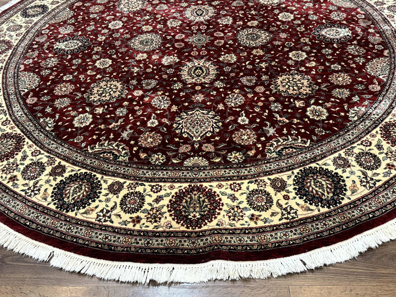 Round Sino Persian Rug 9x9, Burgundy and Cream, Floral, Wool and Silk, 9ft Round Carpet by Jewel Rugs