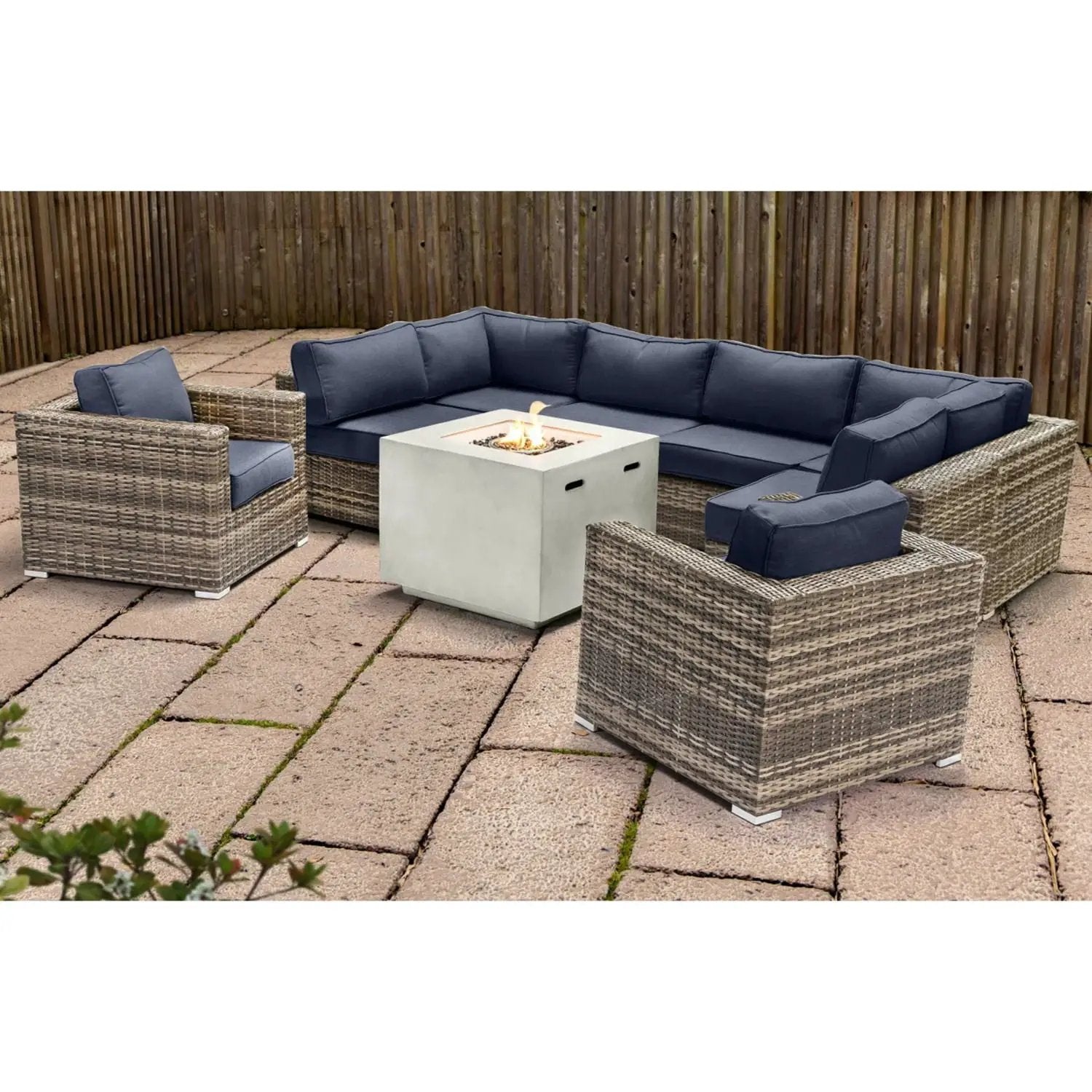 Premium 6 Person Wicker Patio Seating Group With Deep Cushions And Concrete Fire Pit - Gray Mix by Unique Piece Furniture