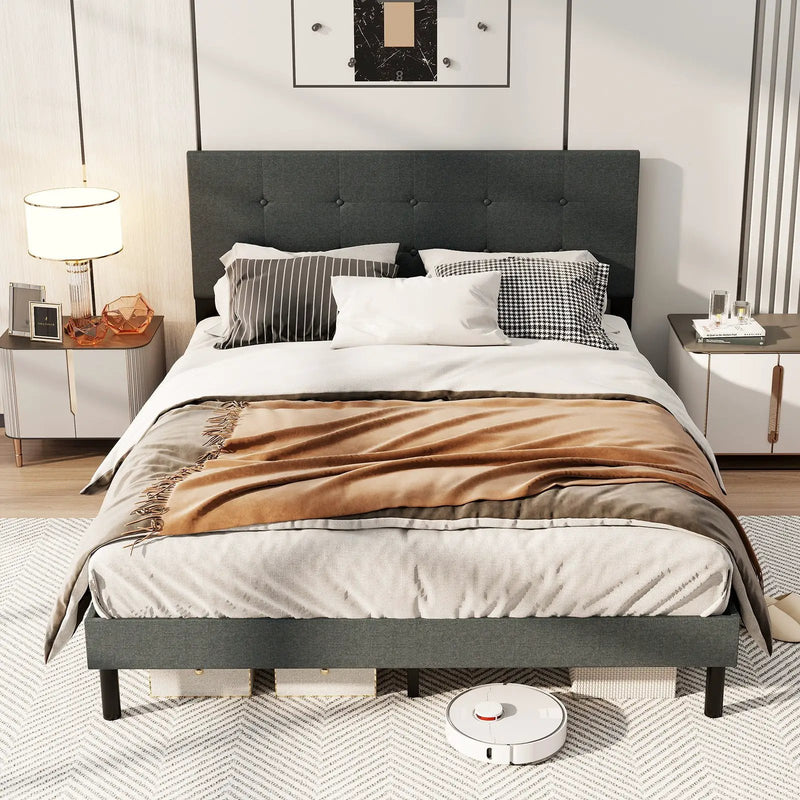 Queen Size Upholstered Bed Frame Linen Platform Bed-Dark Gray by DirectDeals