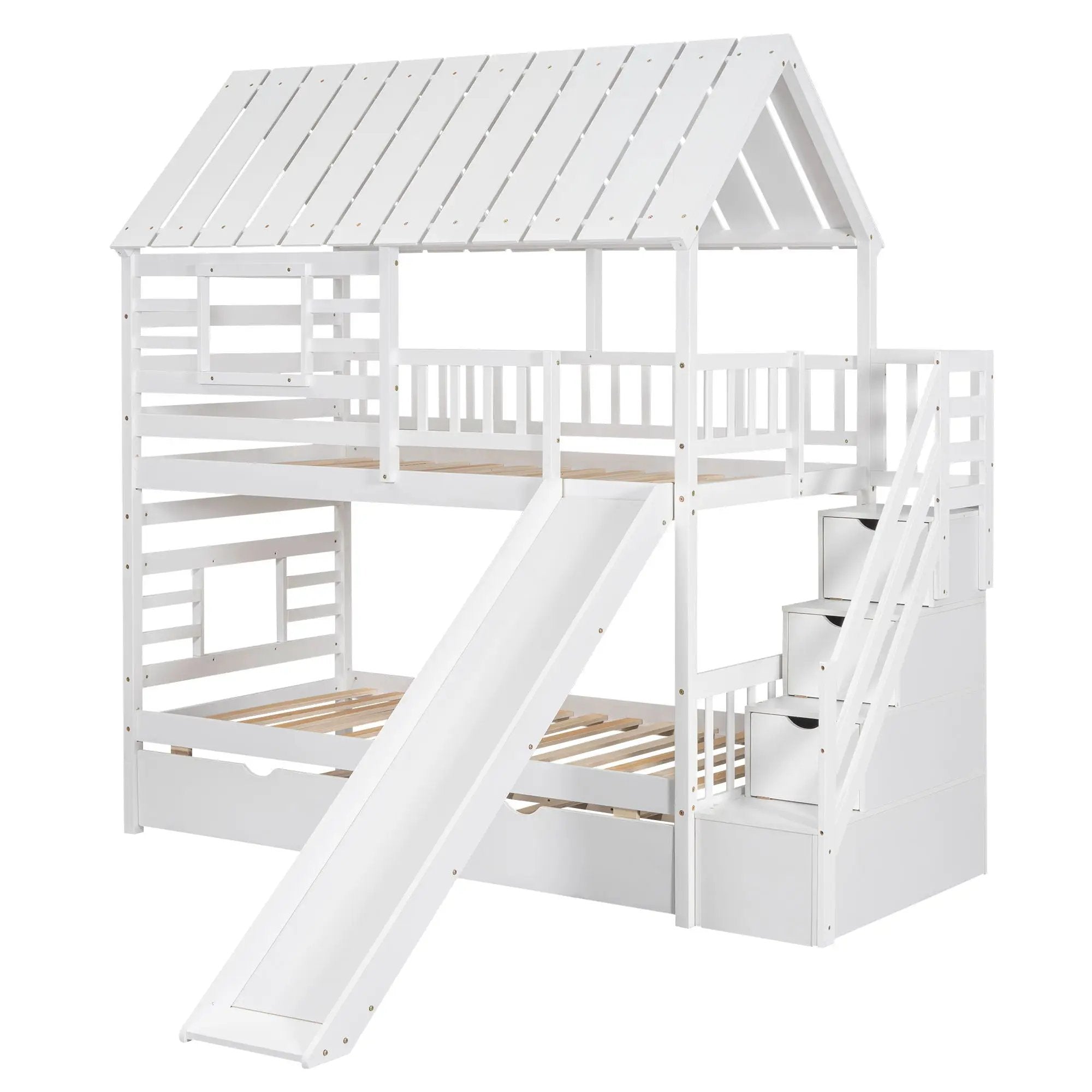 House Bunk Bed With Trundle, Storage Staircase, Roof And Window Design by HouseOfZazla