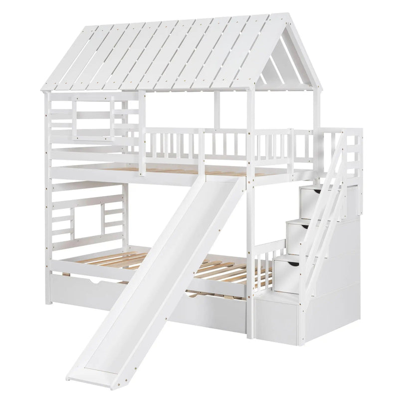 House Bunk Bed With Trundle, Storage Staircase, Roof And Window Design by HouseOfZazla