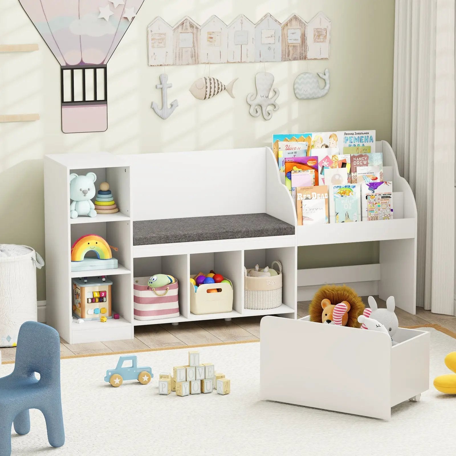 Kids Bookcase with Reading Nook 4-in-1 Standing Toy Organizer-White by DirectDeals