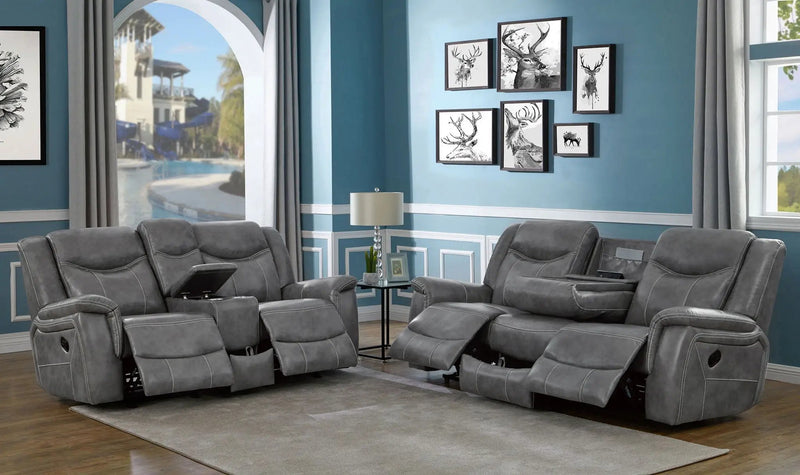 Conrad 2-piece Upholstered Padded Arm Motion Sofa Set Grey by Unique Piece Furniture