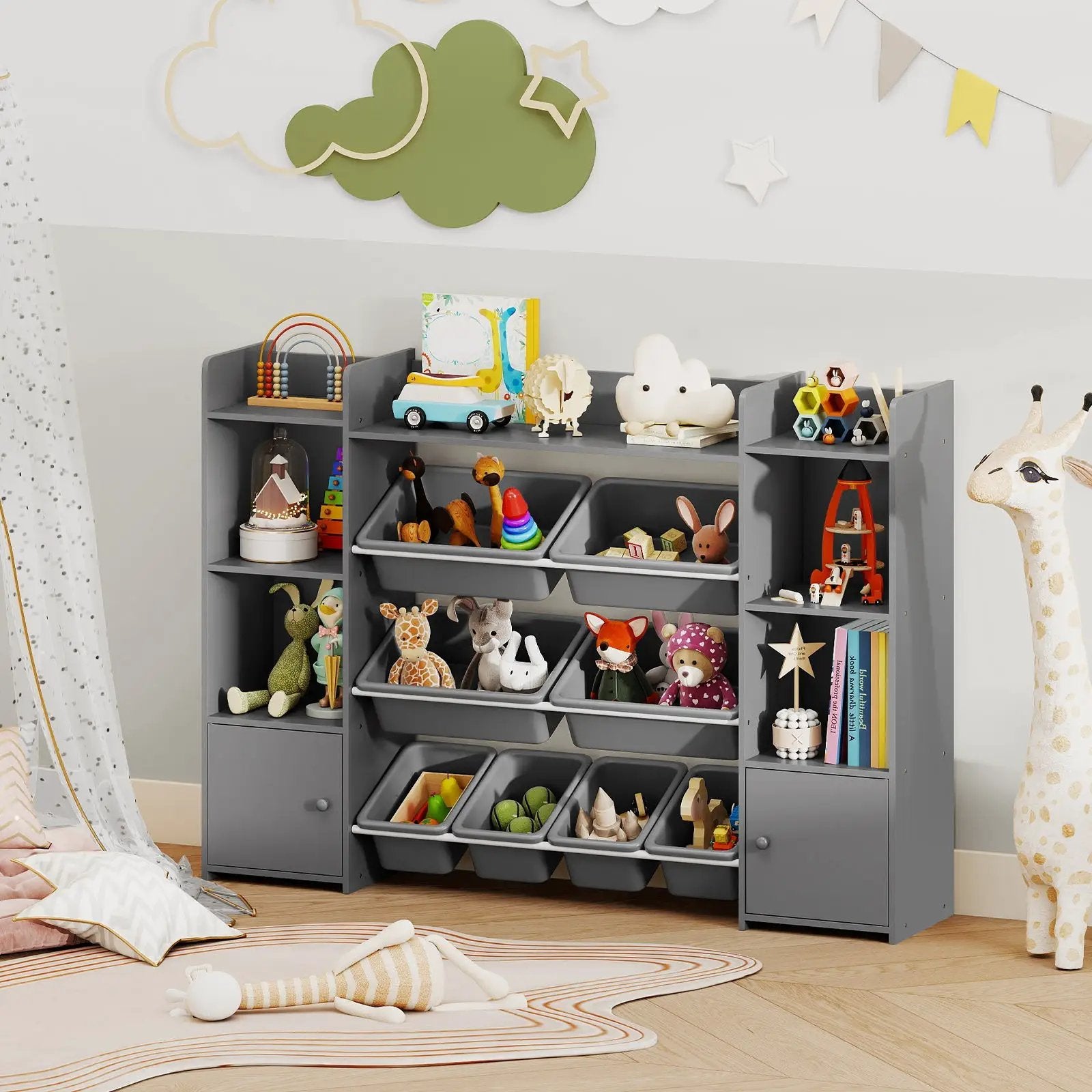 56 inch Large Toy Storage Organizer with 8 Removable Bins and Bookshelf by DirectDeals