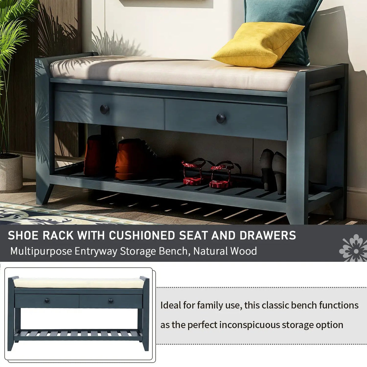 TREXM Shoe Rack with Cushioned Seat and Drawers by HouseOfZazla