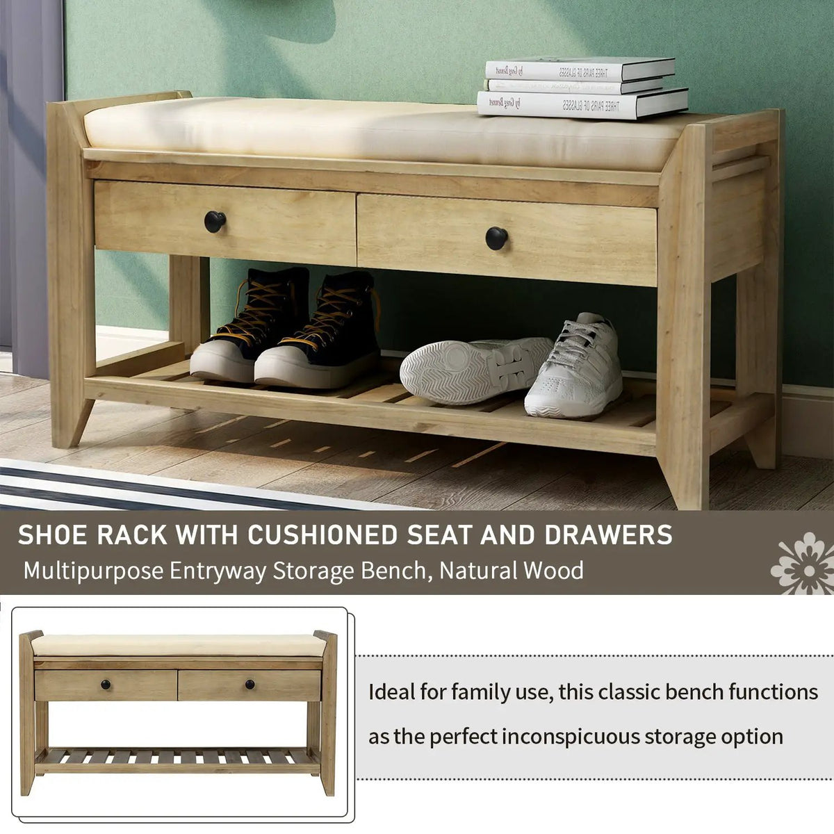 TREXM Shoe Rack with Cushioned Seat and Drawers by HouseOfZazla