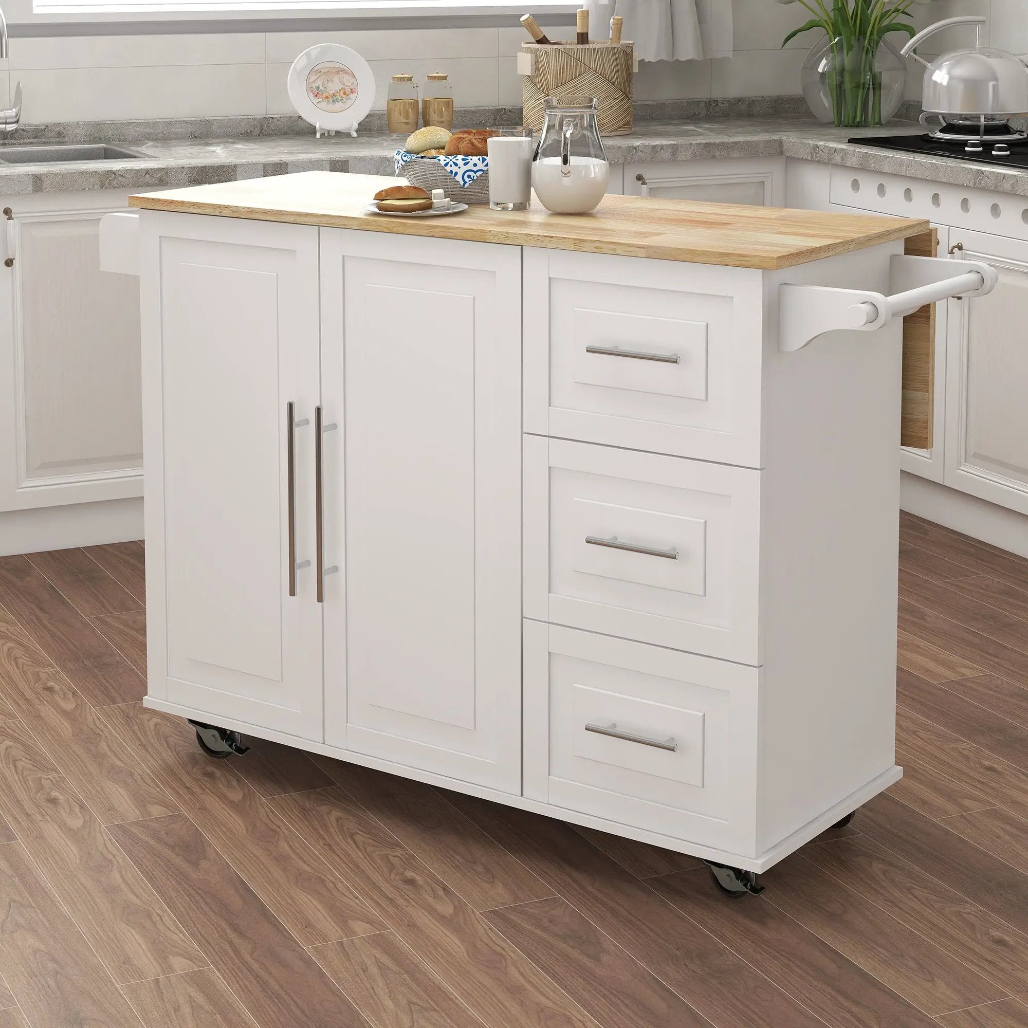 Kitchen Island with Spice Rack, Towel Rack and Extensible Solid Wood Table Top - White by HouseOfZazla