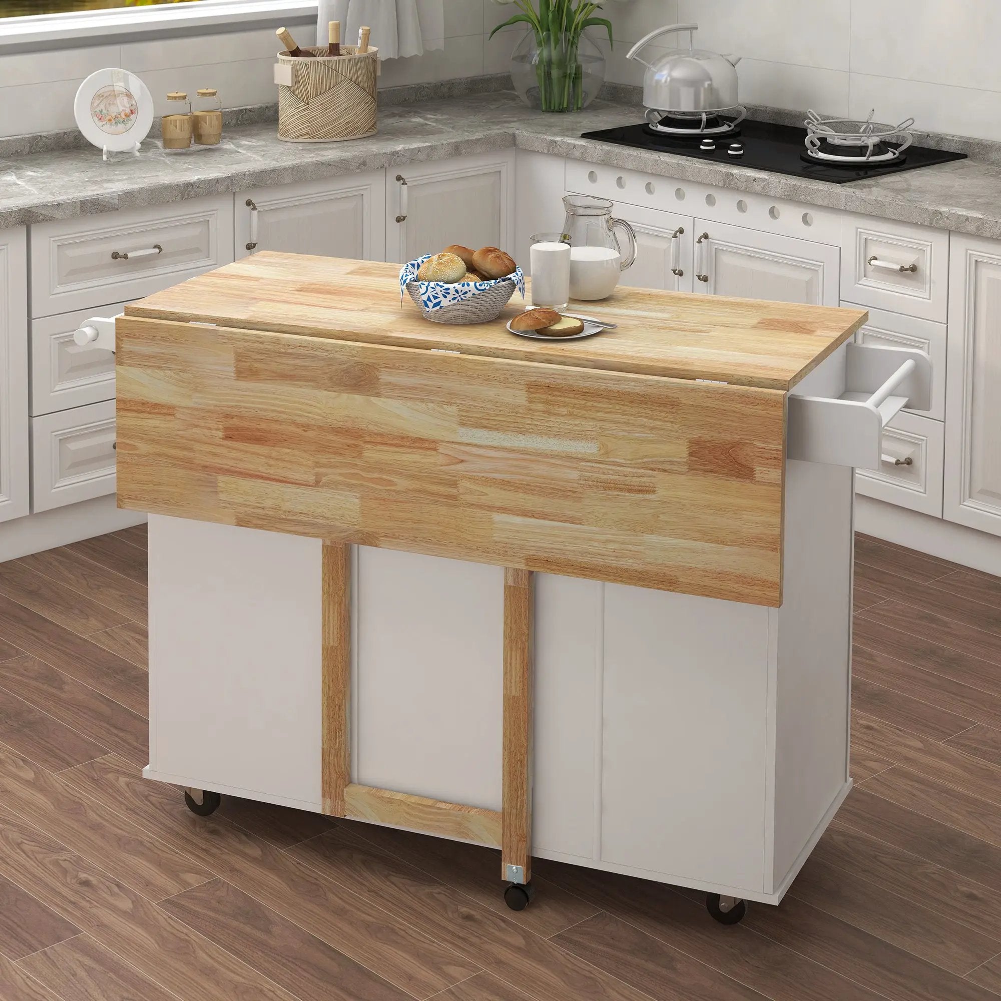 Kitchen Island with Spice Rack, Towel Rack and Extensible Solid Wood Table Top - White by HouseOfZazla