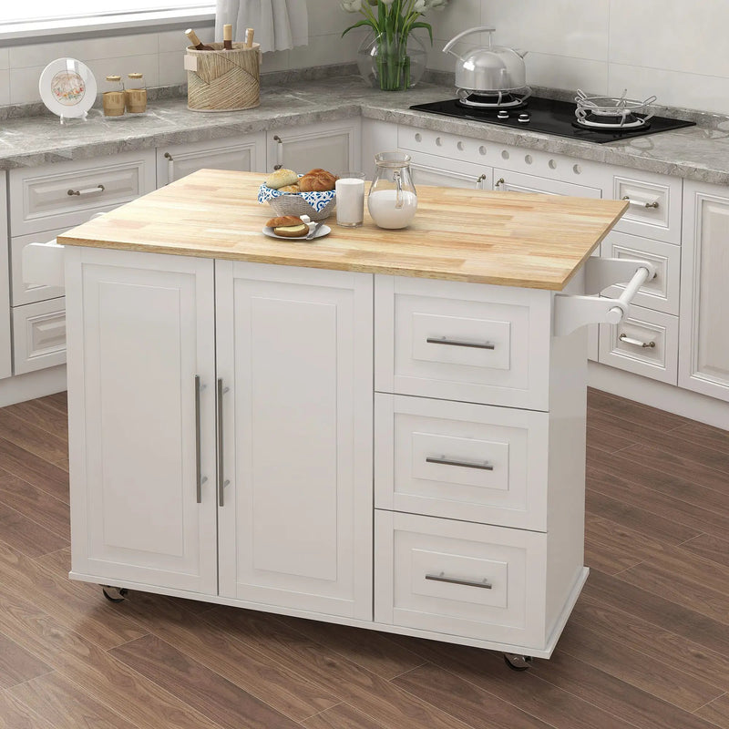 Kitchen Island with Spice Rack, Towel Rack and Extensible Solid Wood Table Top - White by HouseOfZazla