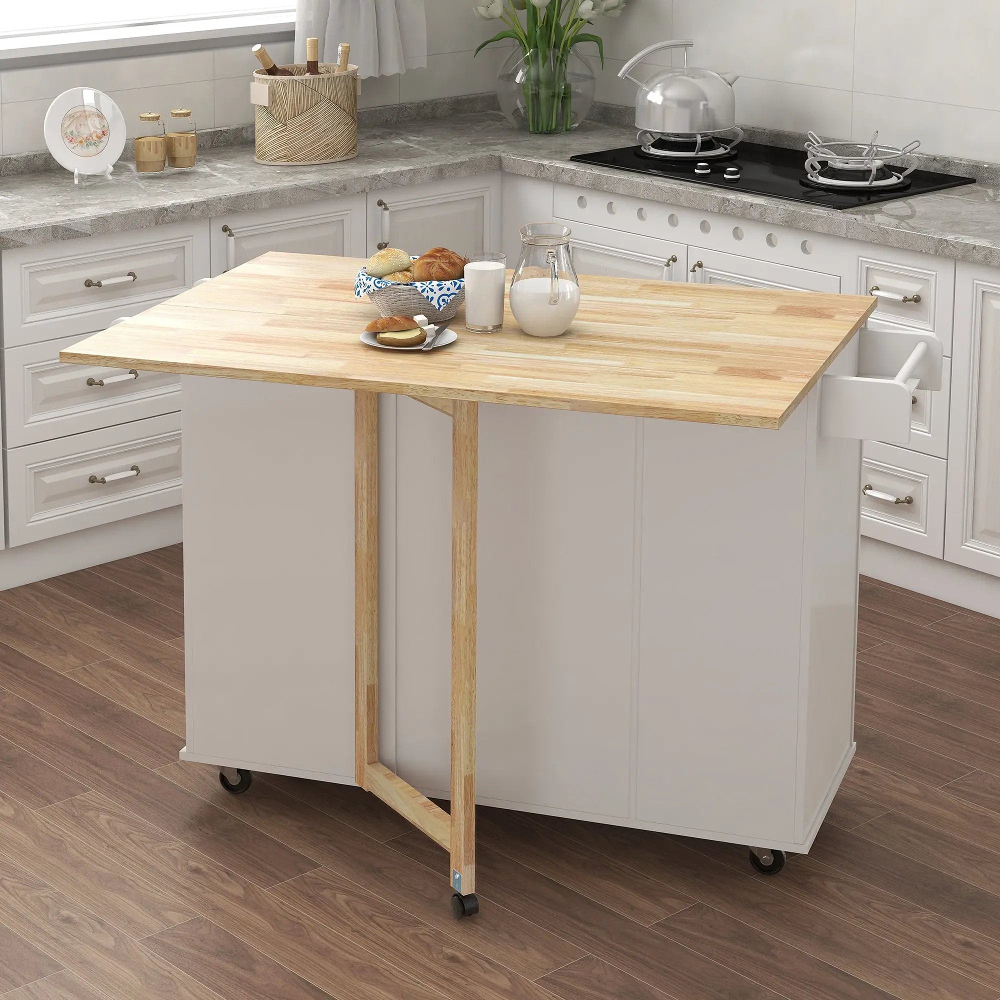 Kitchen Island with Spice Rack, Towel Rack and Extensible Solid Wood Table Top - White by HouseOfZazla
