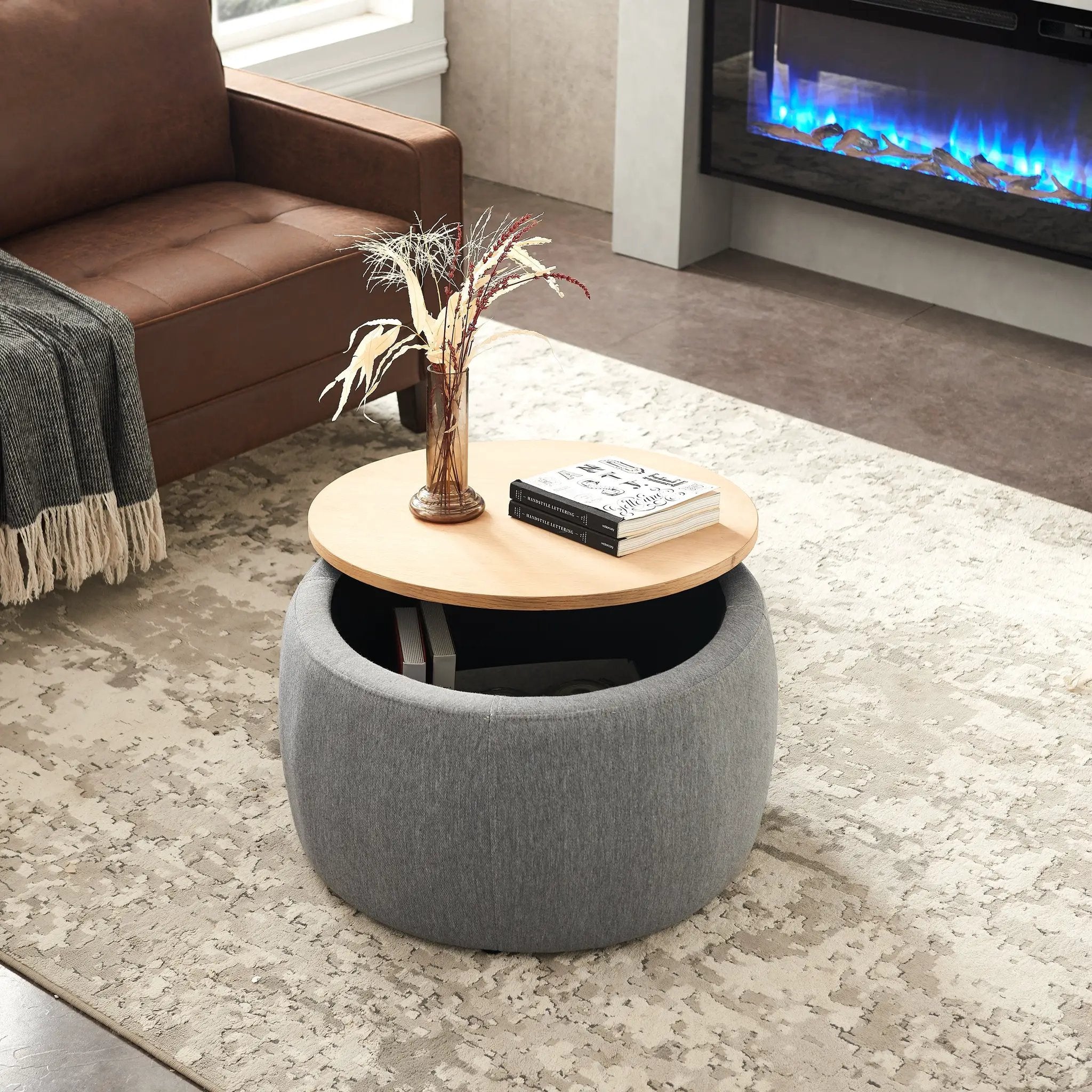 Round Storage Ottoman, 2 in 1 Function, Dark by HouseOfZazla
