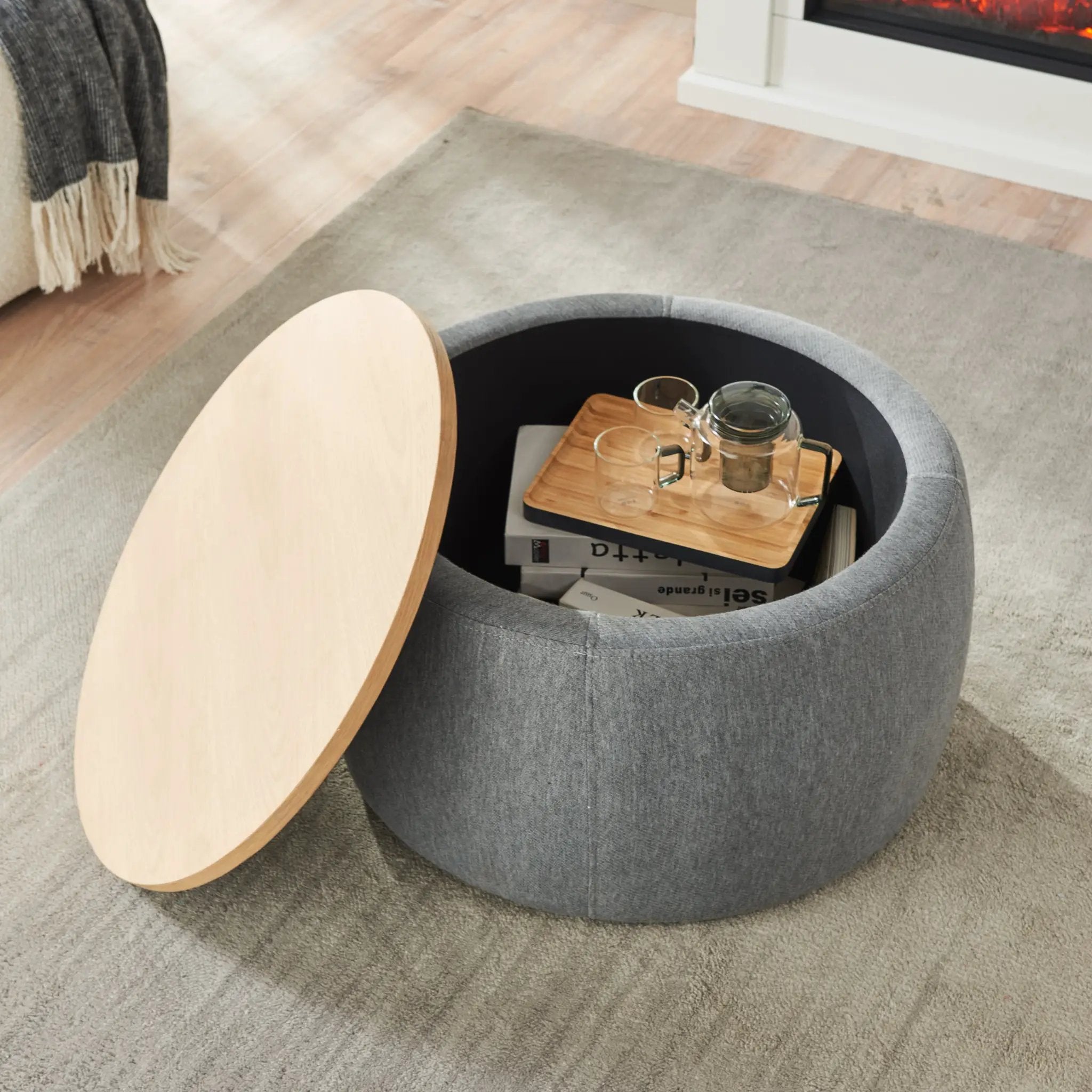 Round Storage Ottoman, 2 in 1 Function, Dark by HouseOfZazla