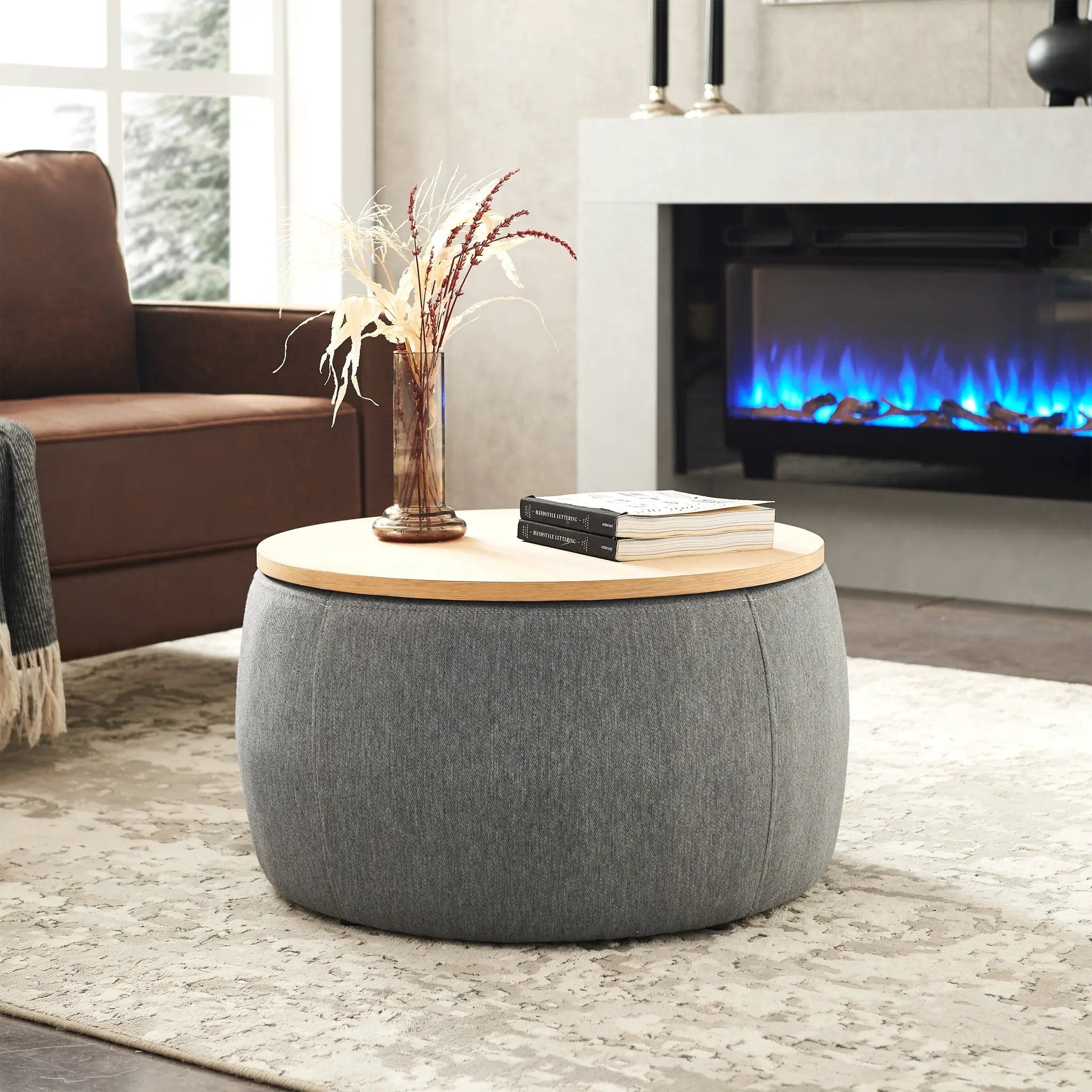 Round Storage Ottoman, 2 in 1 Function, Dark by HouseOfZazla