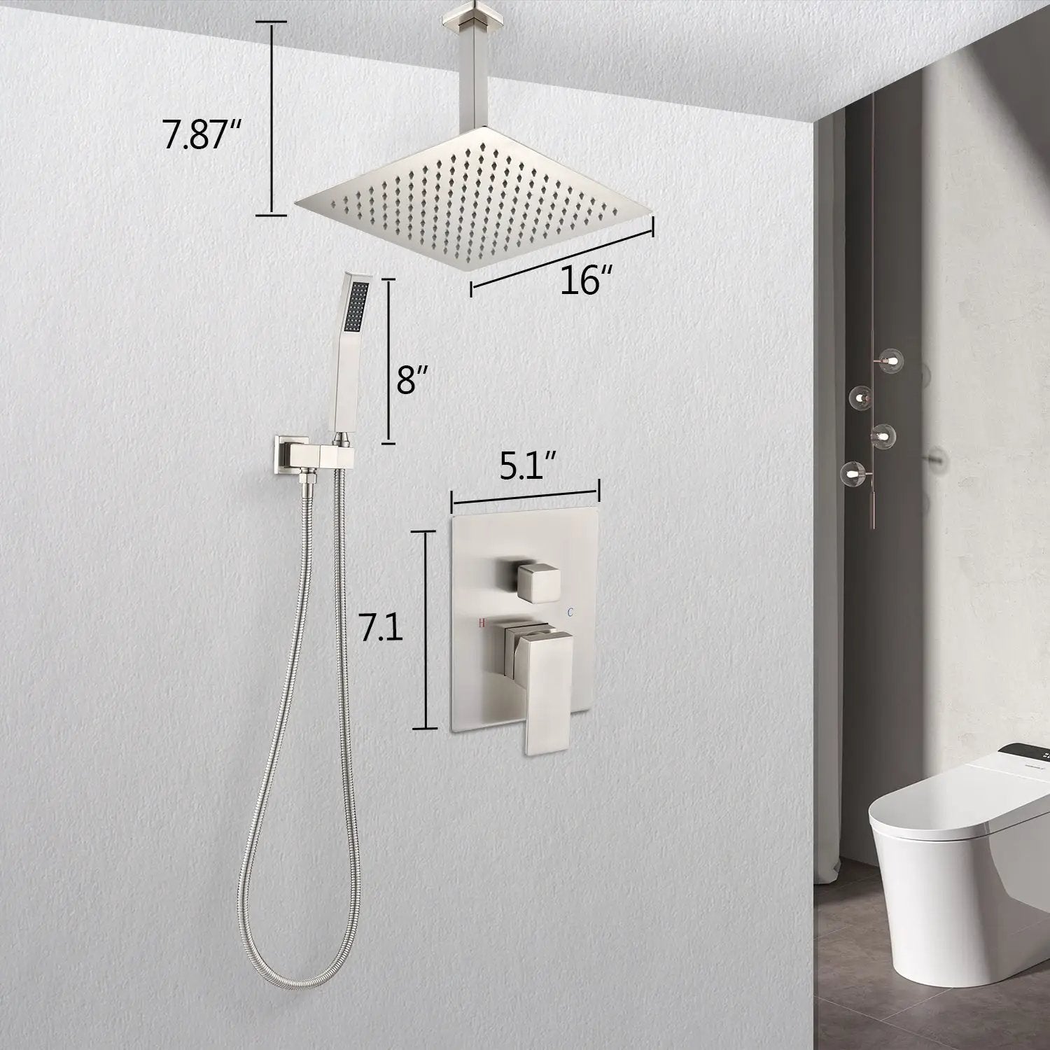 Ceiling Mounted Shower System Combo Set with Handheld and 16" Shower Head by HouseOfZazla