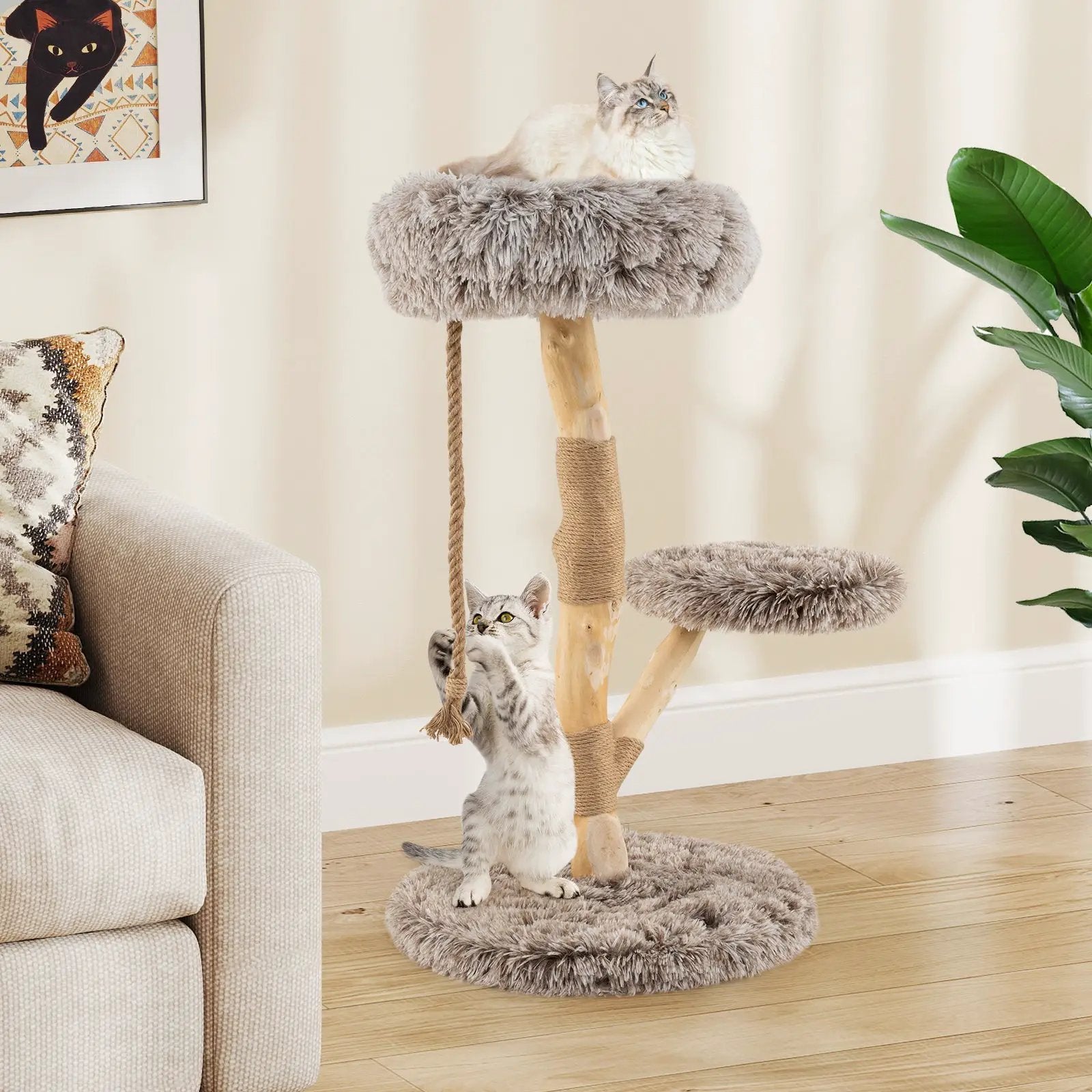 Modern Wooden Cat Tree Tower with Perch and Natural Jute Scratching Posts-Brown by DirectDeals
