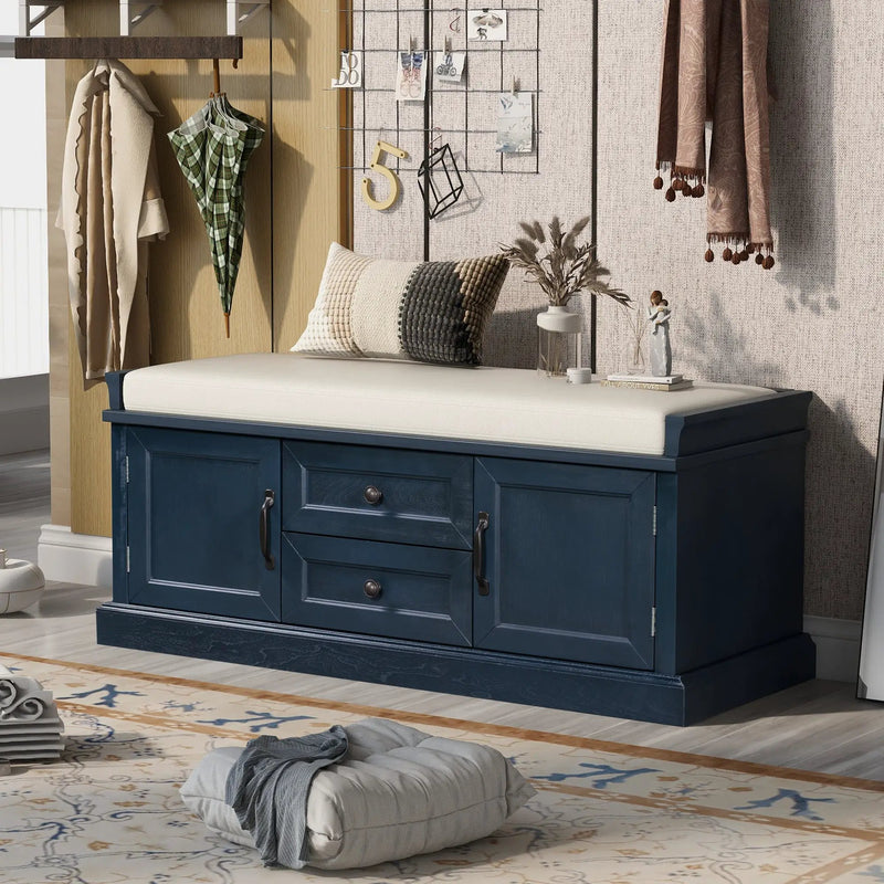TREXM Storage Bench with 2 Drawers and 2 Cabinets in Antique Navy by HouseOfZazla