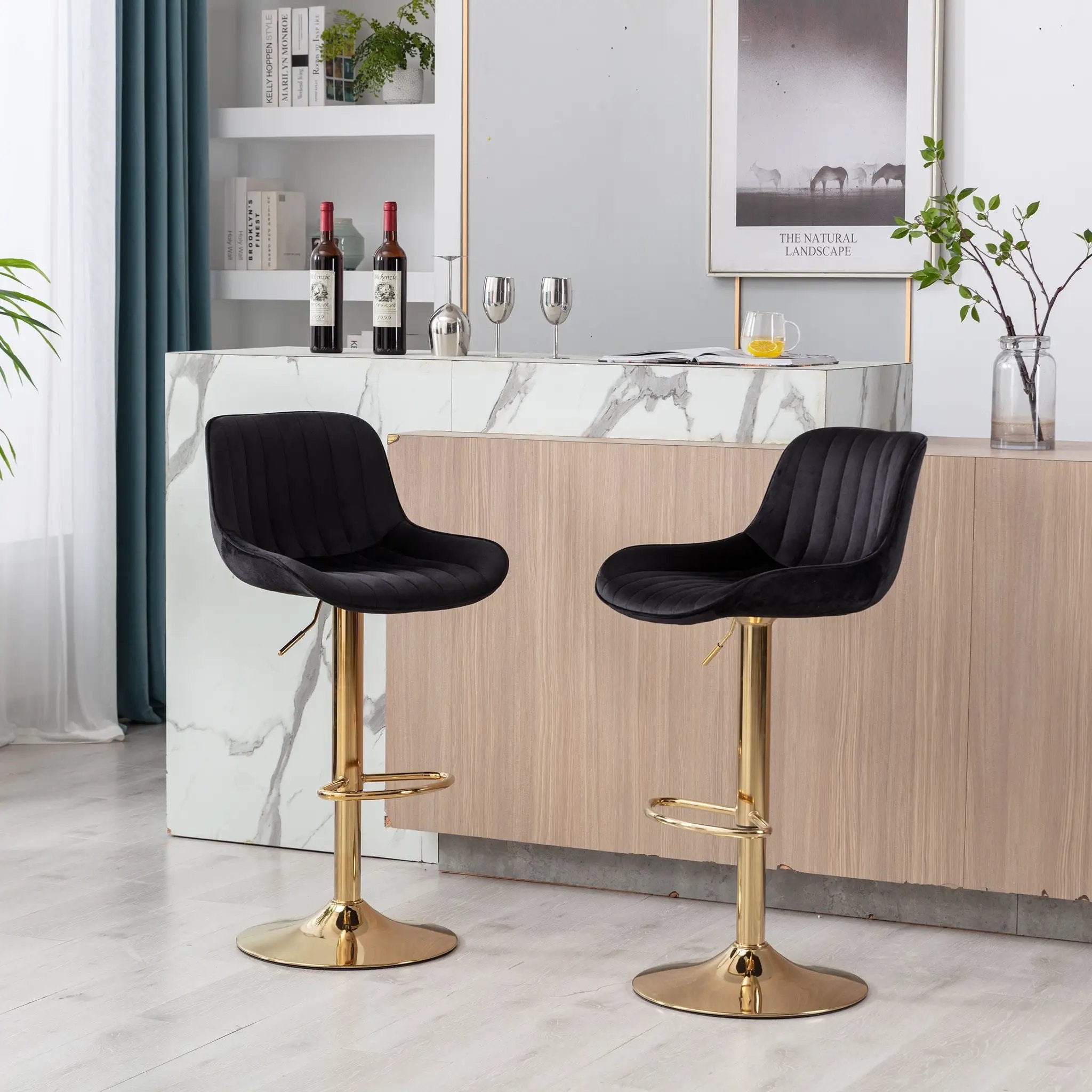 Chrome Footrest and Base Swivel Height Adjustable Mechanical Lifting Velvet Bar Stool, Set of 2 by HouseOfZazla