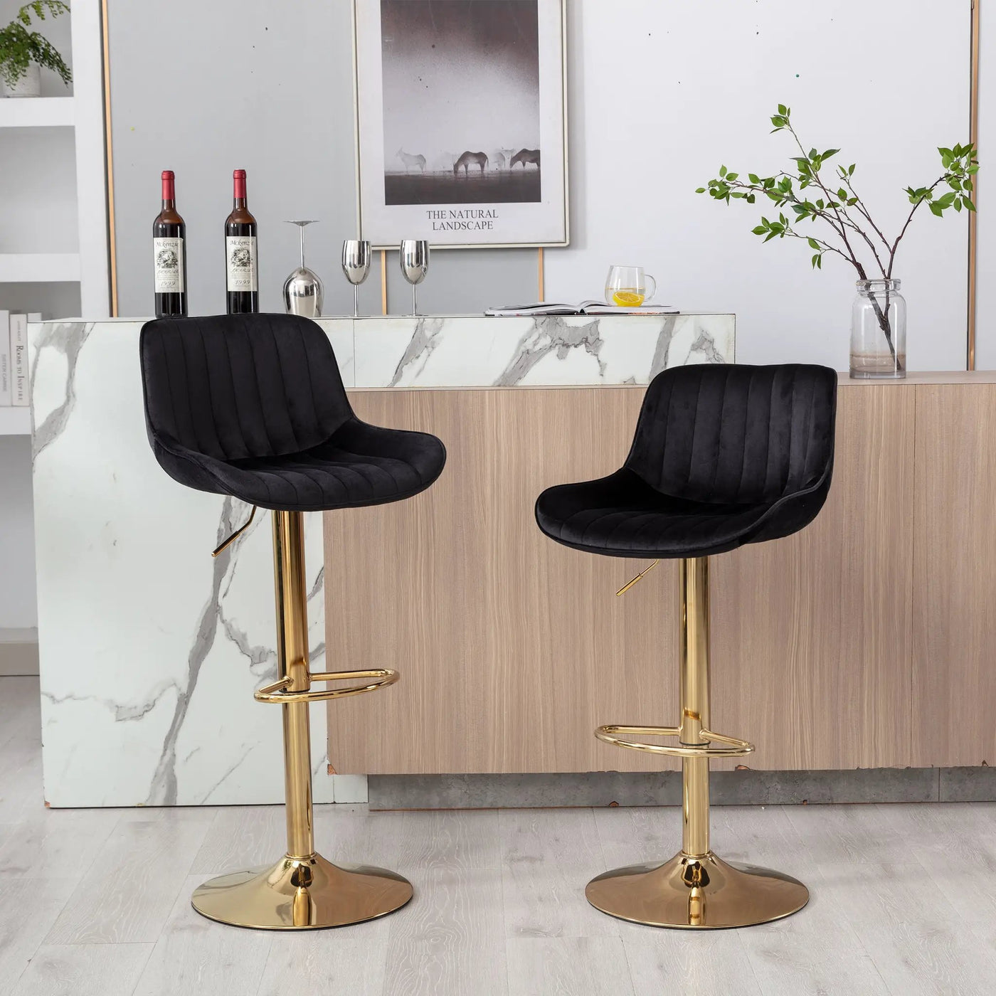 Chrome Footrest and Base Swivel Height Adjustable Mechanical Lifting Velvet Bar Stool, Set of 2 by HouseOfZazla