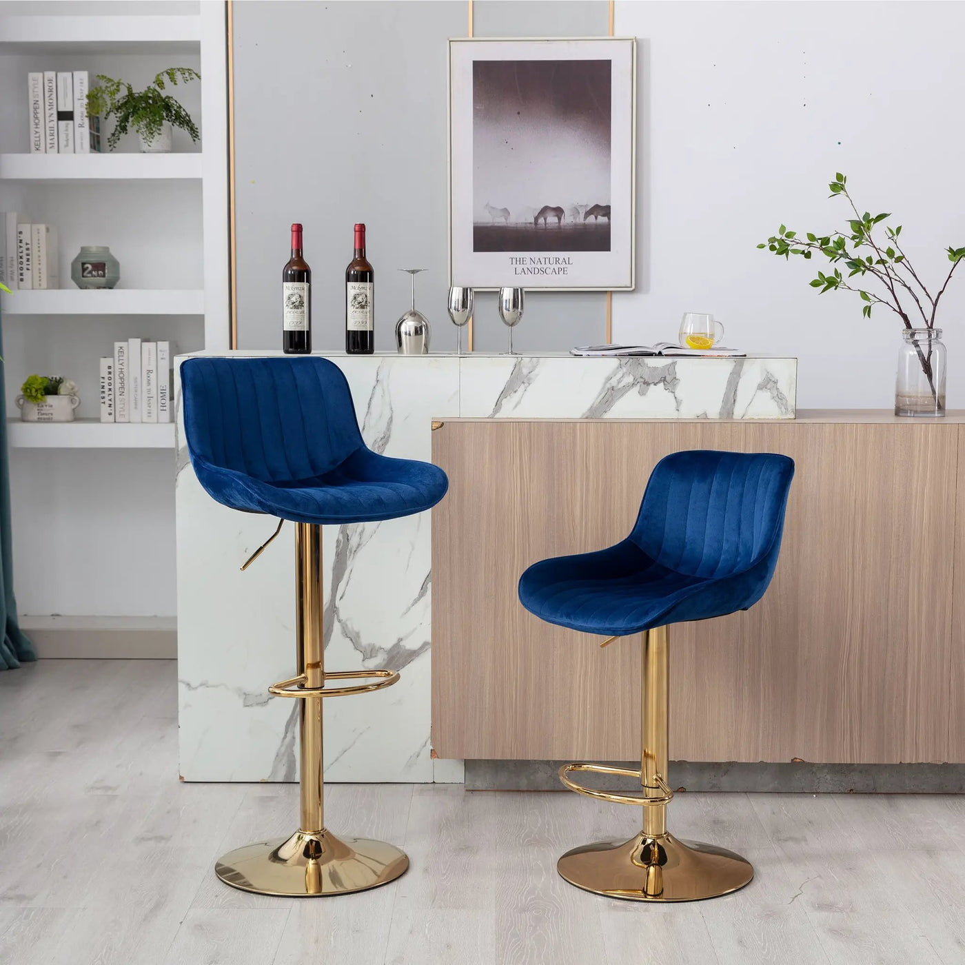 Chrome Footrest and Base Swivel Height Adjustable Mechanical Lifting Velvet Bar Stool, Set of 2 by HouseOfZazla