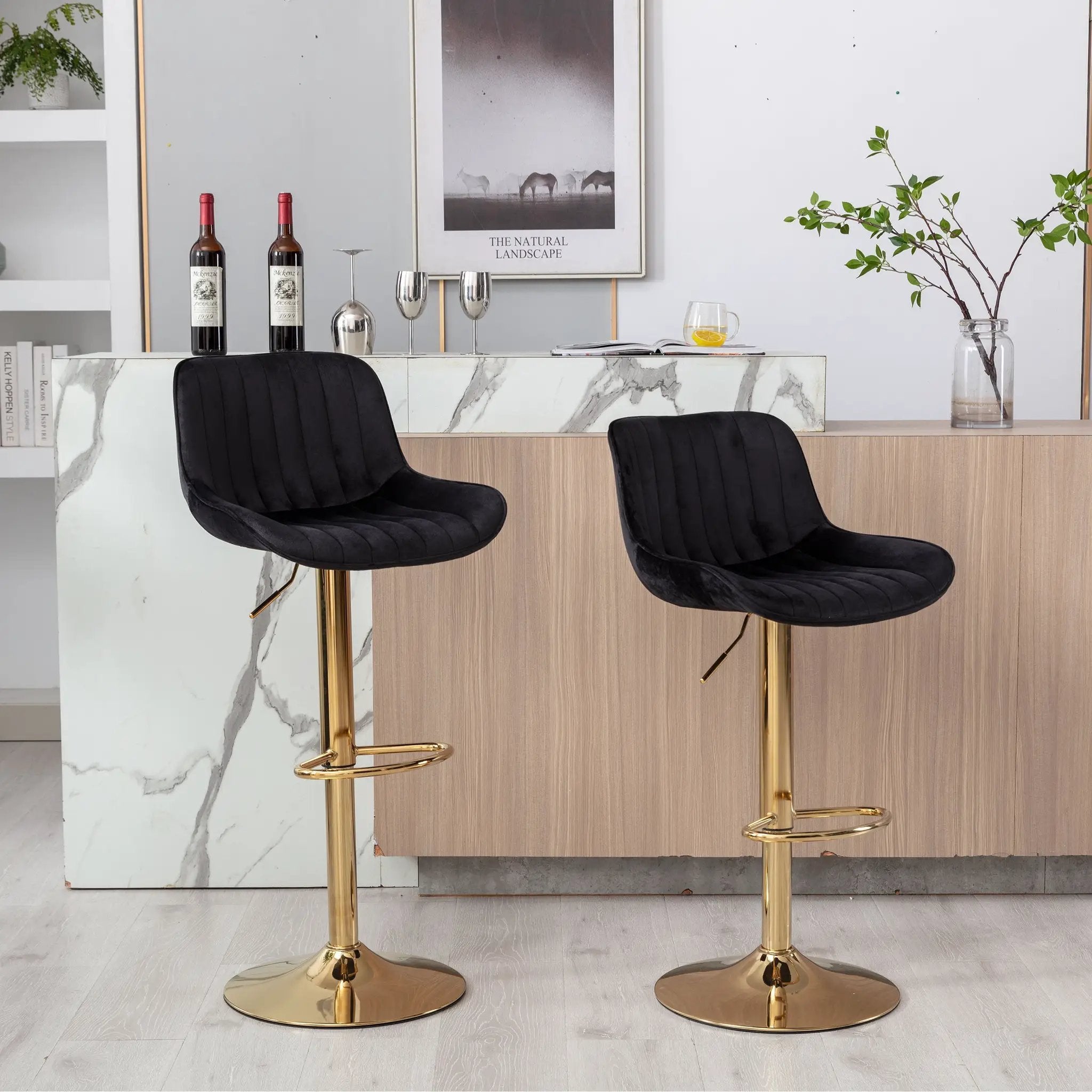 Chrome Footrest and Base Swivel Height Adjustable Mechanical Lifting Velvet Bar Stool, Set of 2 by HouseOfZazla