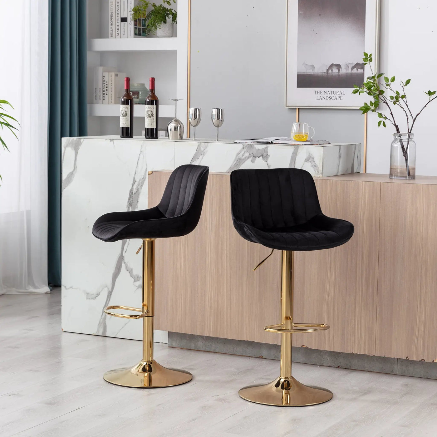 Chrome Footrest and Base Swivel Height Adjustable Mechanical Lifting Velvet Bar Stool, Set of 2 by HouseOfZazla