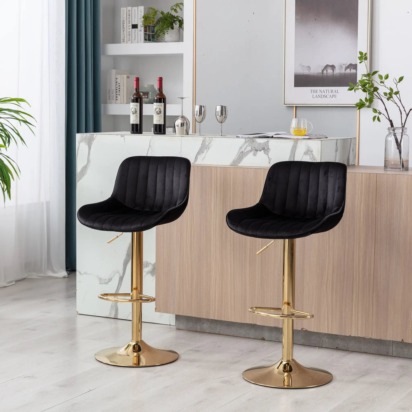 Chrome Footrest and Base Swivel Height Adjustable Mechanical Lifting Velvet Bar Stool, Set of 2 by HouseOfZazla