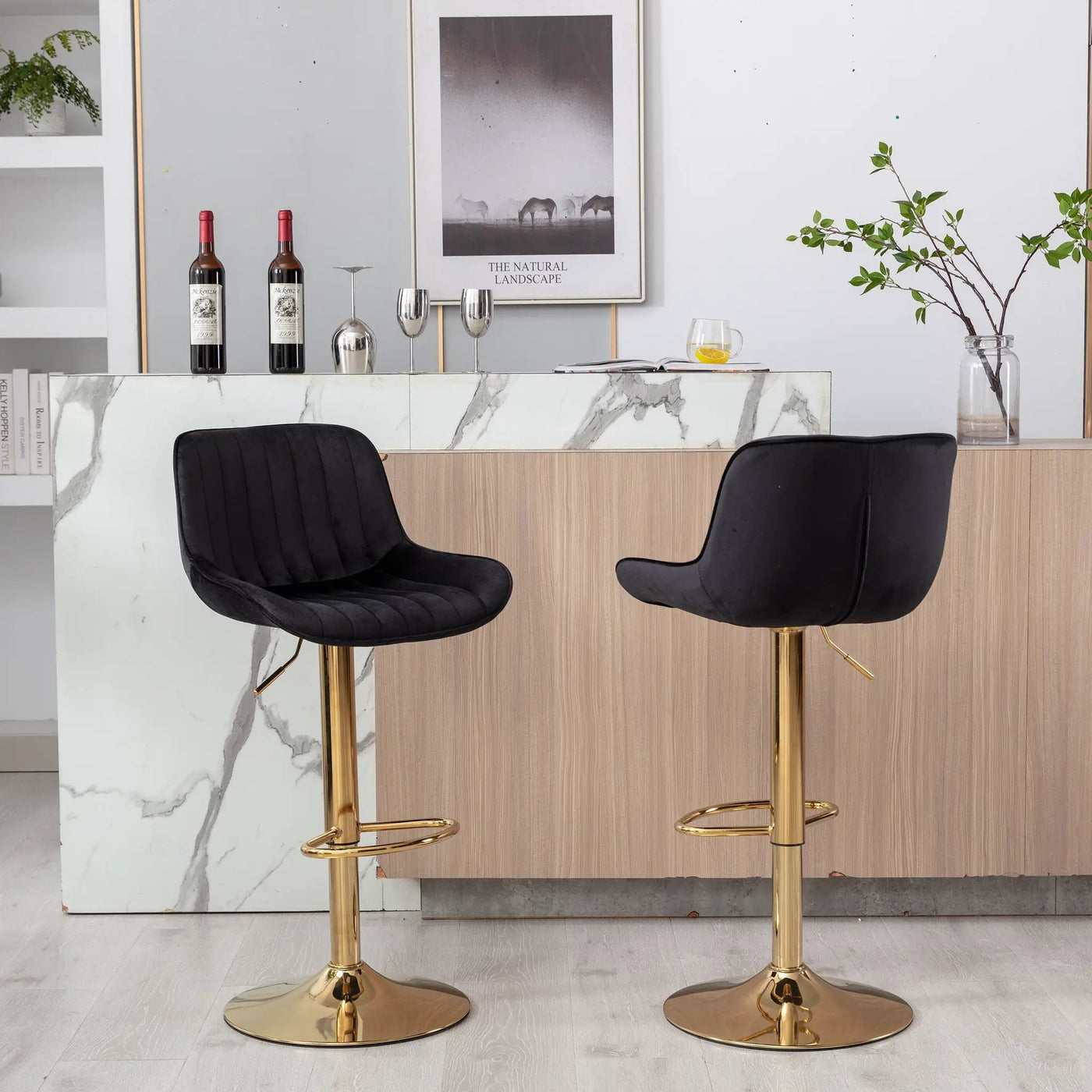 Chrome Footrest and Base Swivel Height Adjustable Mechanical Lifting Velvet Bar Stool, Set of 2 by HouseOfZazla