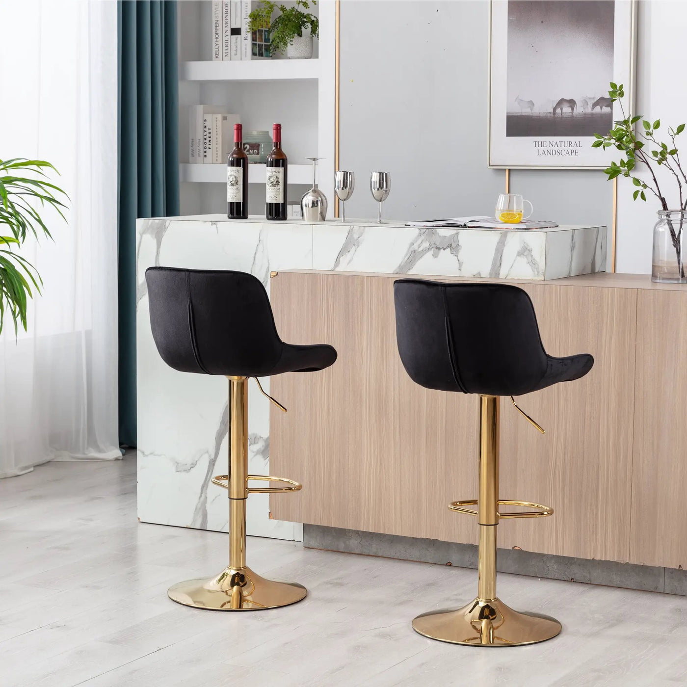 Chrome Footrest and Base Swivel Height Adjustable Mechanical Lifting Velvet Bar Stool, Set of 2 by HouseOfZazla