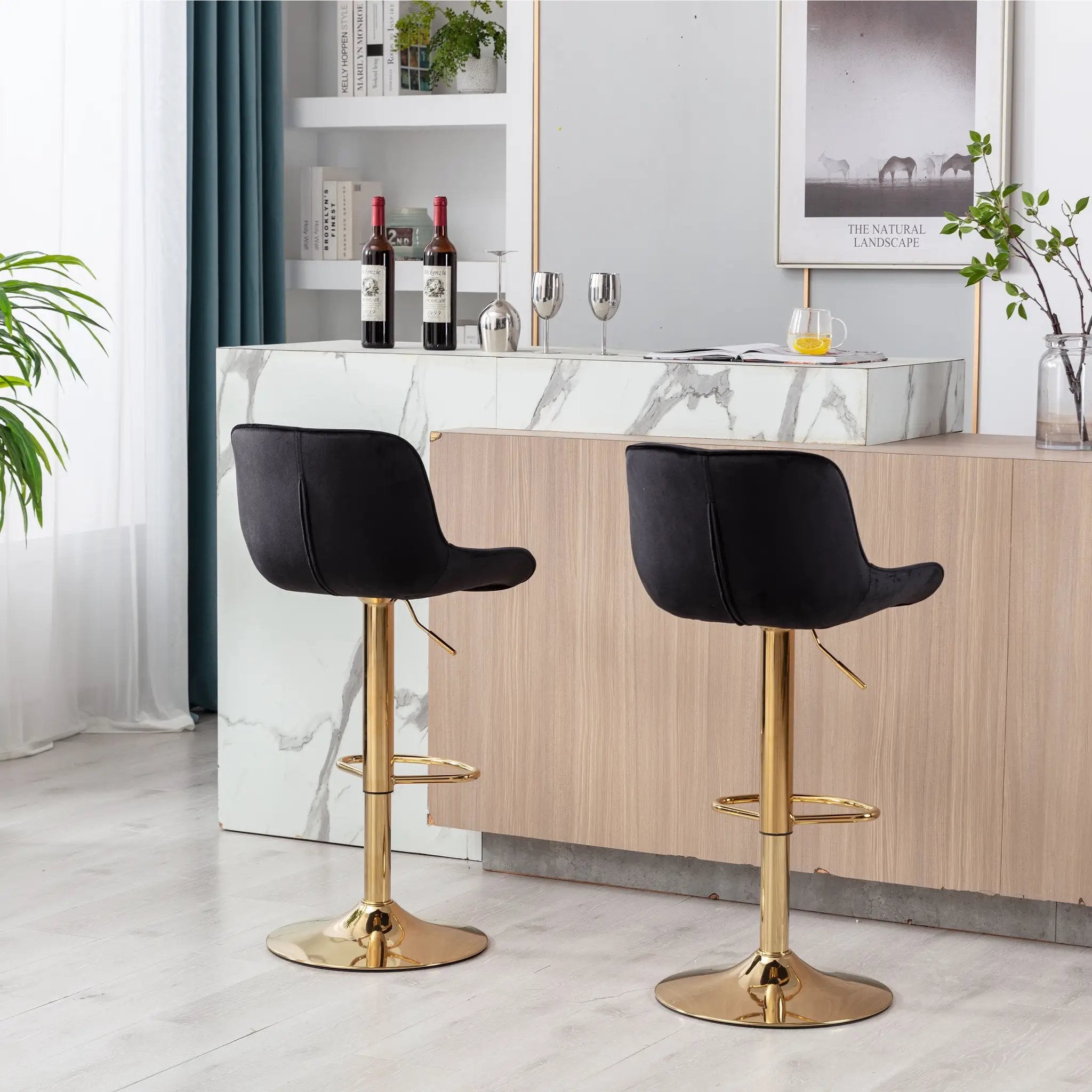 Chrome Footrest and Base Swivel Height Adjustable Mechanical Lifting Velvet Bar Stool, Set of 2 by HouseOfZazla
