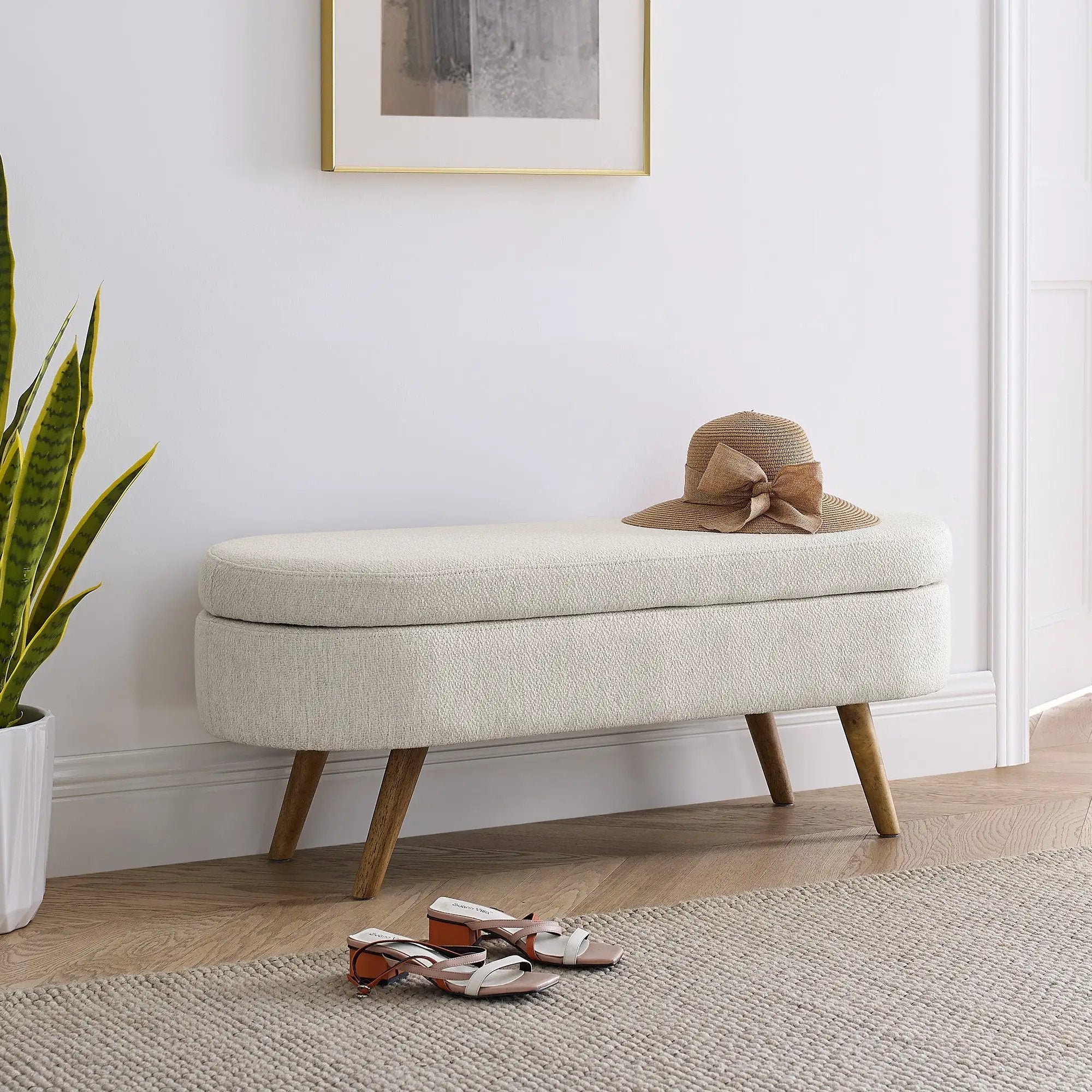 Ottoman Oval Storage Bench, Rubber Wood Legs, Beige (43.5"x16"x16") by HouseOfZazla